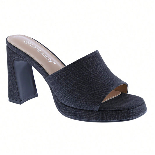 Women's Platform Chunky Heels Mules Square Open Toe High Heeled Sandals Slip On Slides Dress Shoes