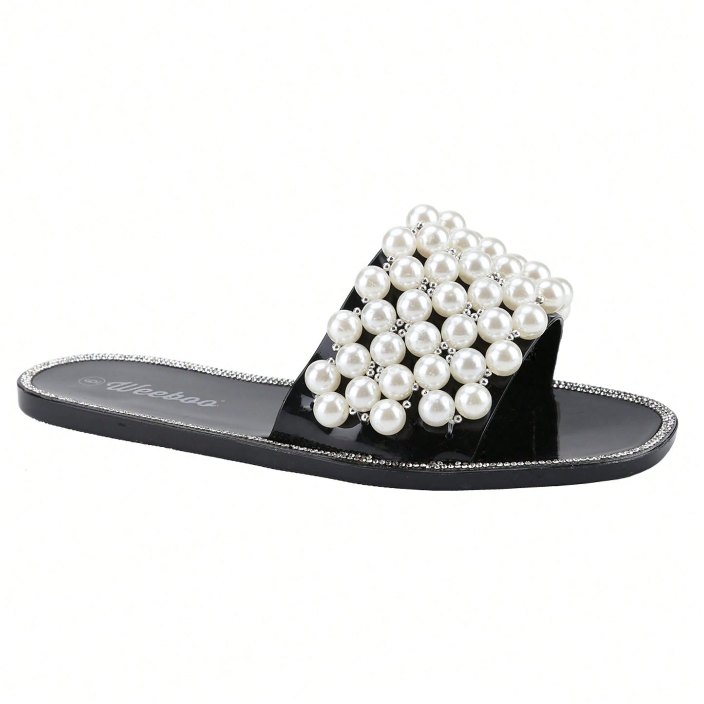 Women's Sparkle Pearl Flat Sandals Fashion Square Open Toe Jeweled Slides Slip On Rhinestone Bling Slippers