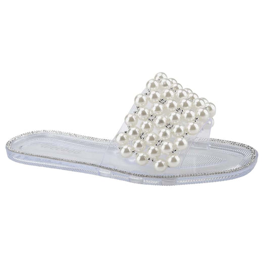 Women's Sparkle Pearl Flat Sandals Fashion Square Open Toe Jeweled Slides Slip On Rhinestone Bling Slippers