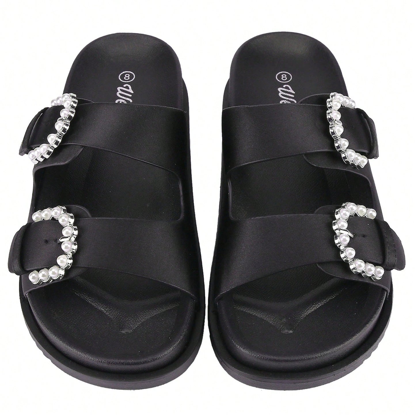 Women's Pearl Buckle Slides Women's Slides-Sandals Double Buckle Slip On-Summer-Slippers Adjustable Sandals Waterproof Swim Pool Bath Shower Shoes For Women Comfortable Non Slip