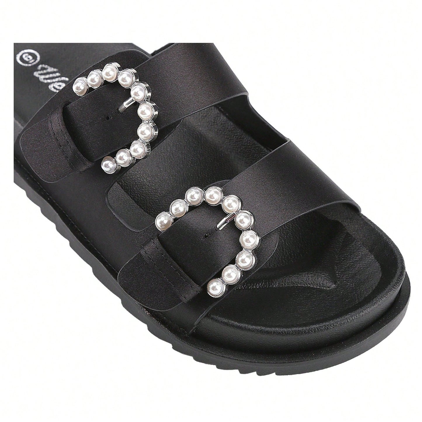 Women's Pearl Buckle Slides Women's Slides-Sandals Double Buckle Slip On-Summer-Slippers Adjustable Sandals Waterproof Swim Pool Bath Shower Shoes For Women Comfortable Non Slip