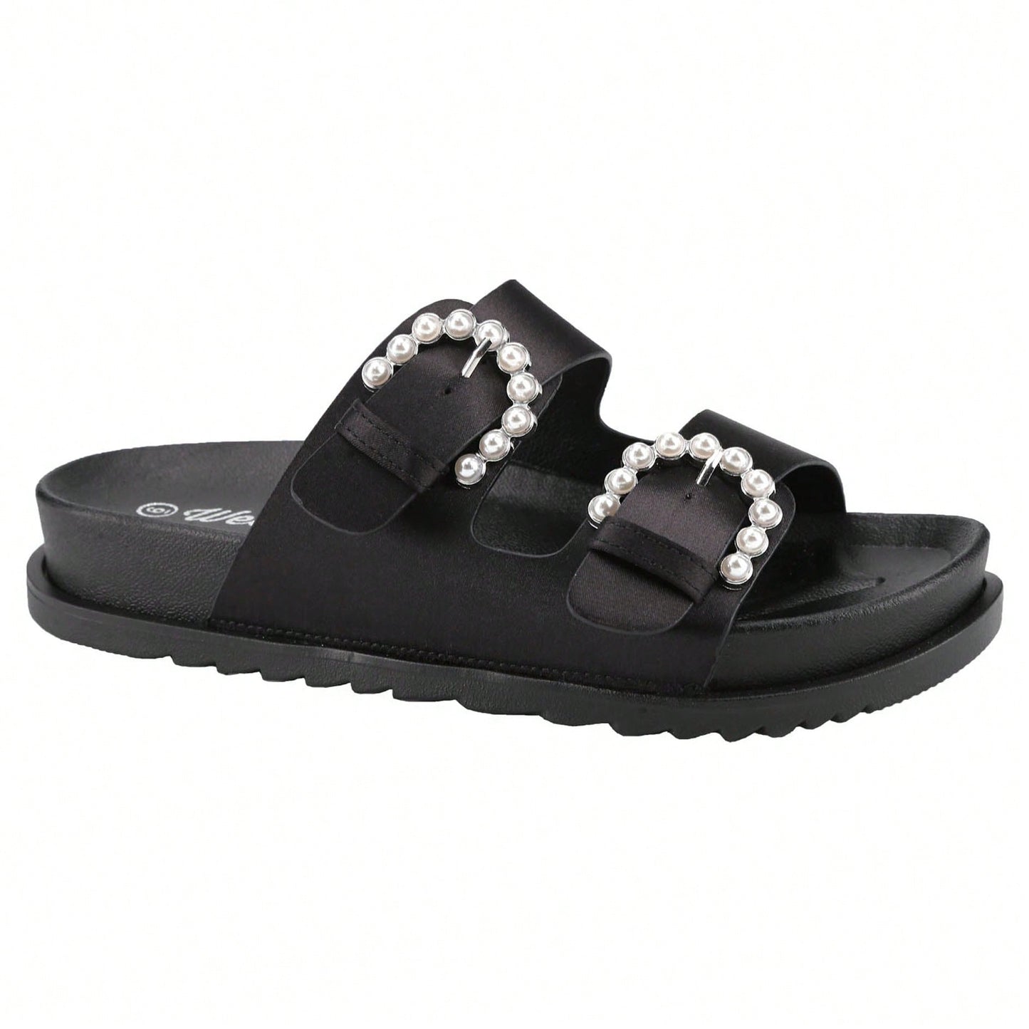 Women's Pearl Buckle Slides Women's Slides-Sandals Double Buckle Slip On-Summer-Slippers Adjustable Sandals Waterproof Swim Pool Bath Shower Shoes For Women Comfortable Non Slip
