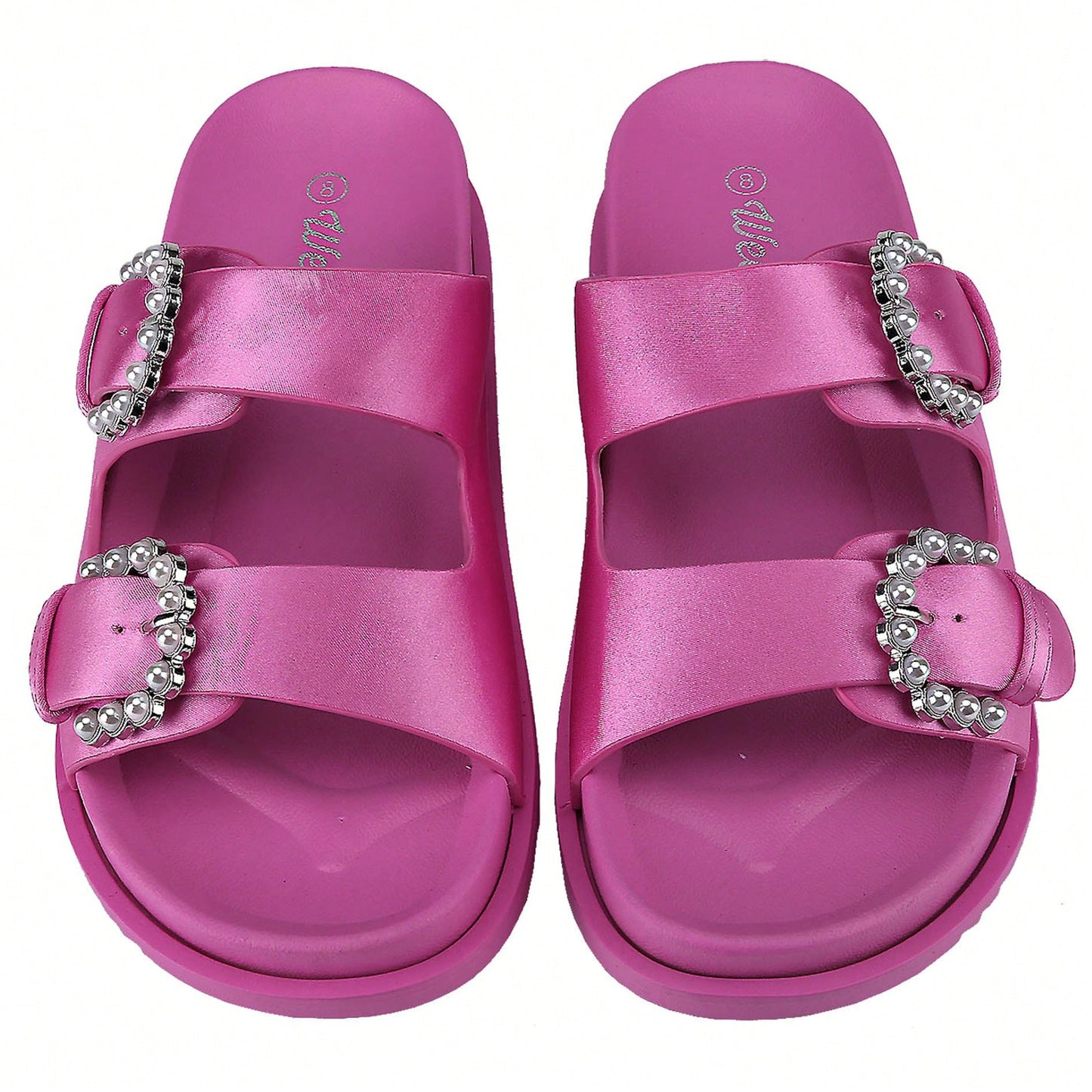 Women's Pearl Buckle Slides Women's Slides-Sandals Double Buckle Slip On-Summer-Slippers Adjustable Sandals Waterproof Swim Pool Bath Shower Shoes For Women Comfortable Non Slip