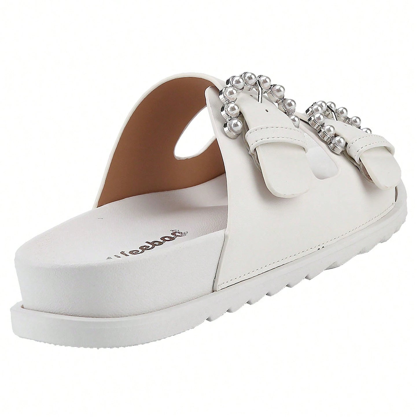 Women's Pearl Buckle Slides Women's Slides-Sandals Double Buckle Slip On-Summer-Slippers Adjustable Sandals Waterproof Swim Pool Bath Shower Shoes For Women Comfortable Non Slip