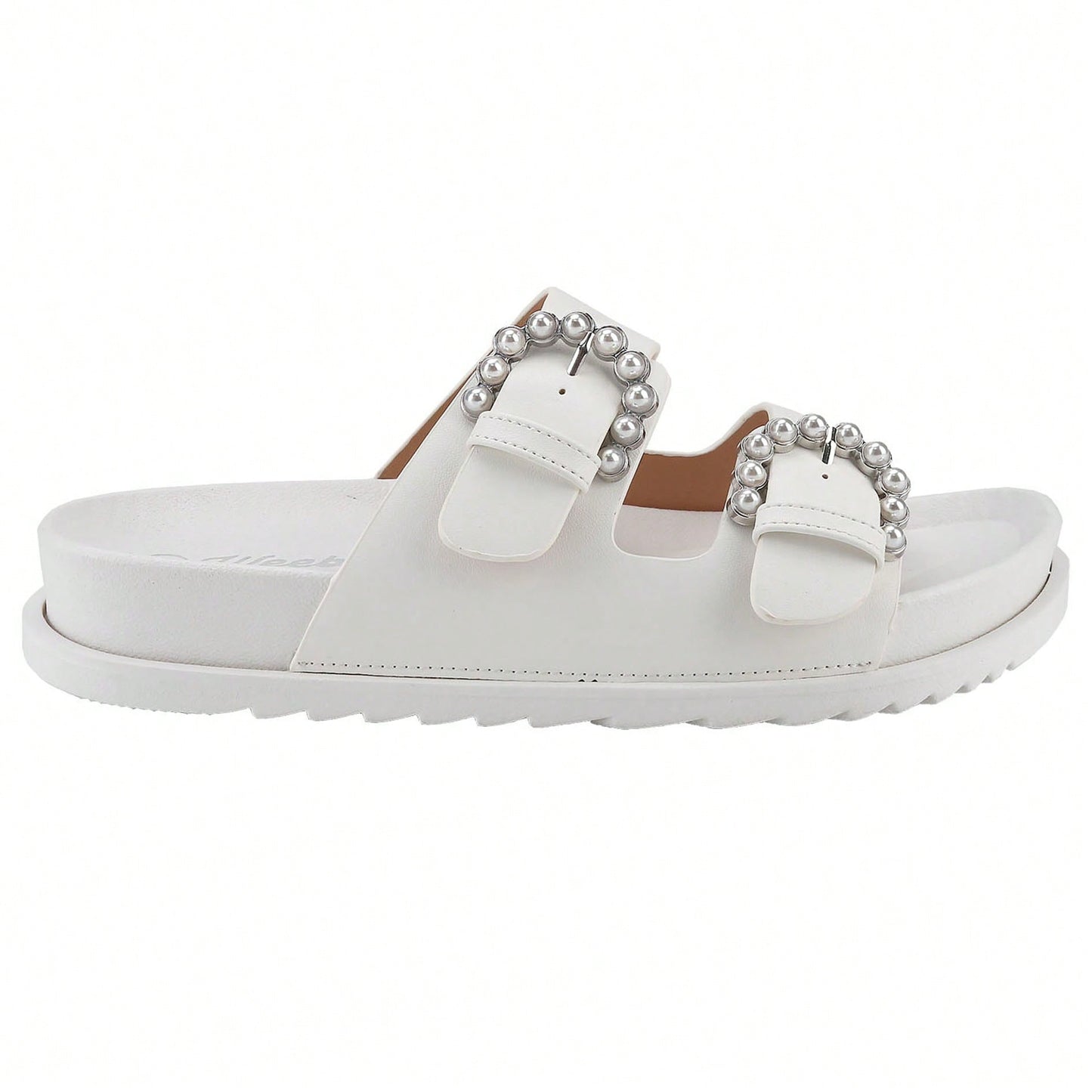 Women's Pearl Buckle Slides Women's Slides-Sandals Double Buckle Slip On-Summer-Slippers Adjustable Sandals Waterproof Swim Pool Bath Shower Shoes For Women Comfortable Non Slip