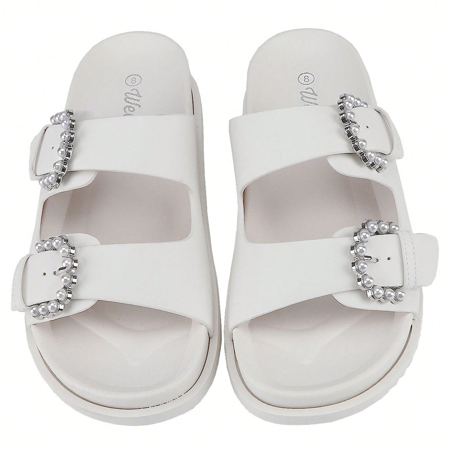 Women's Pearl Buckle Slides Women's Slides-Sandals Double Buckle Slip On-Summer-Slippers Adjustable Sandals Waterproof Swim Pool Bath Shower Shoes For Women Comfortable Non Slip
