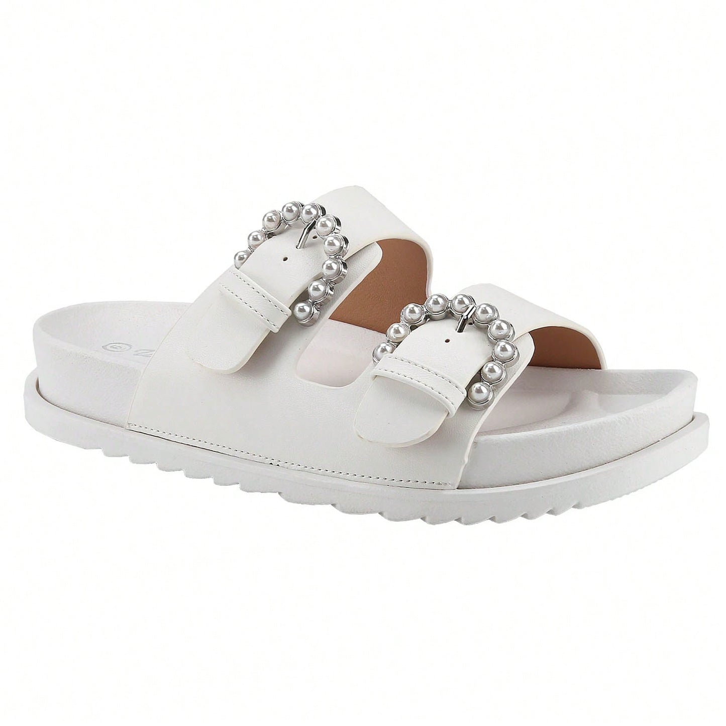 Women's Pearl Buckle Slides Women's Slides-Sandals Double Buckle Slip On-Summer-Slippers Adjustable Sandals Waterproof Swim Pool Bath Shower Shoes For Women Comfortable Non Slip