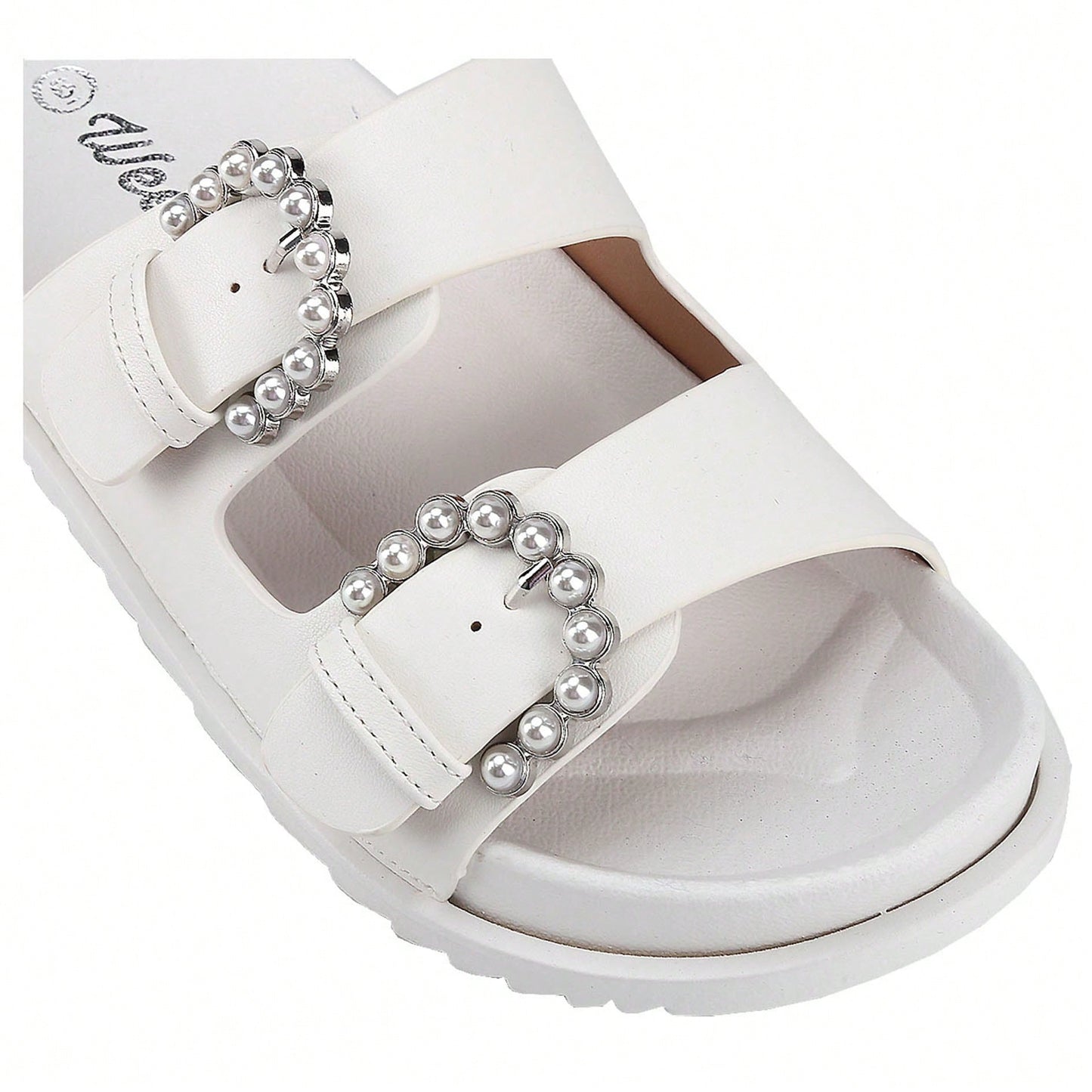 Women's Pearl Buckle Slides Women's Slides-Sandals Double Buckle Slip On-Summer-Slippers Adjustable Sandals Waterproof Swim Pool Bath Shower Shoes For Women Comfortable Non Slip