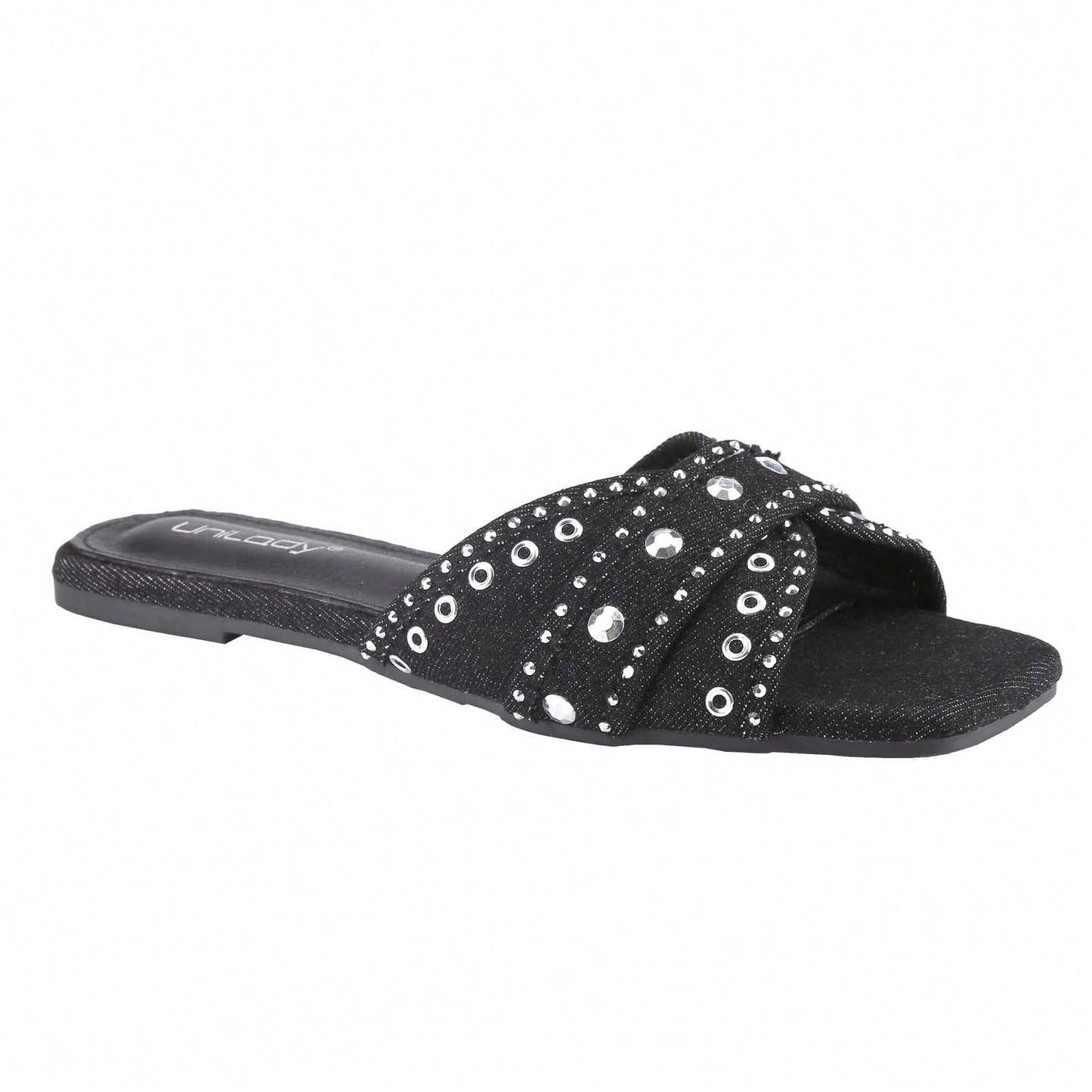 Women's Square Open Toe Denim Flat Sandals Slip On Mule Slides Braided Strap Slipper