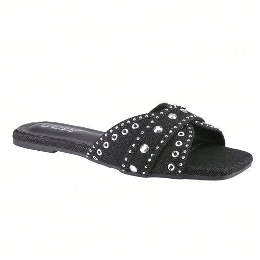 Women's Square Open Toe Denim Flat Sandals Slip On Mule Slides Braided Strap Slipper