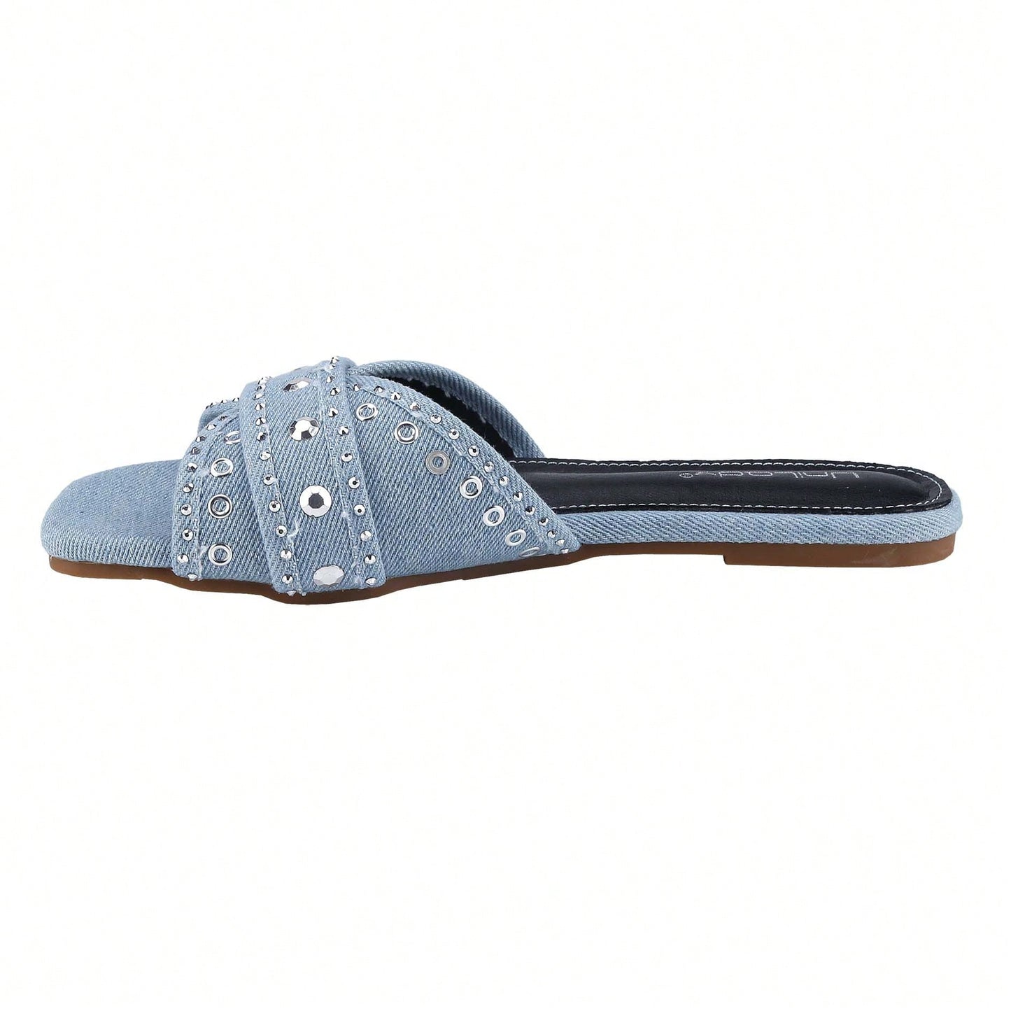 Women's Square Open Toe Denim Flat Sandals Slip On Mule Slides Braided Strap Slipper