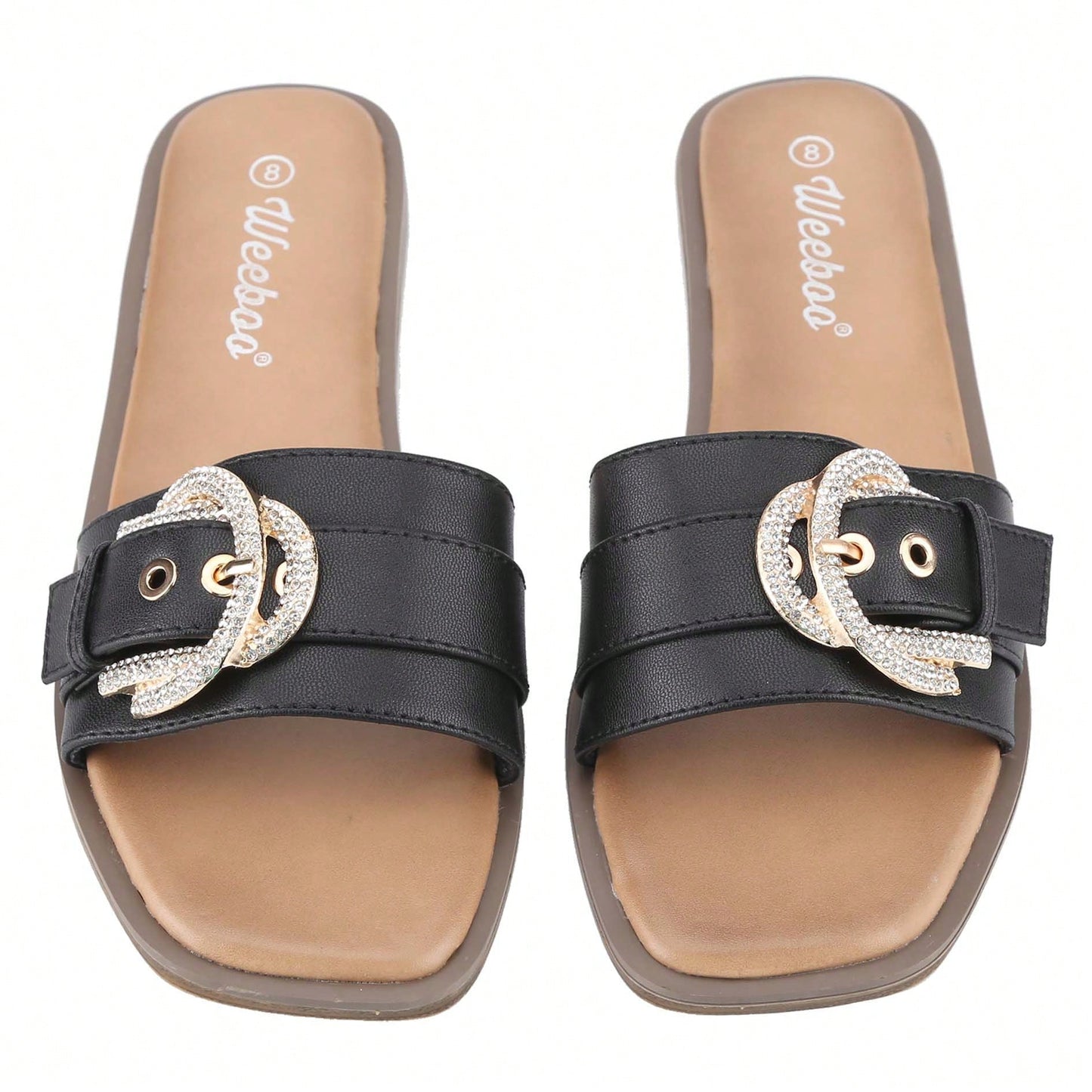 Women's Flat Sandals Fashion Square Open Toe Metal Chain Summer Dressy Sandals Slip On Casual Slides