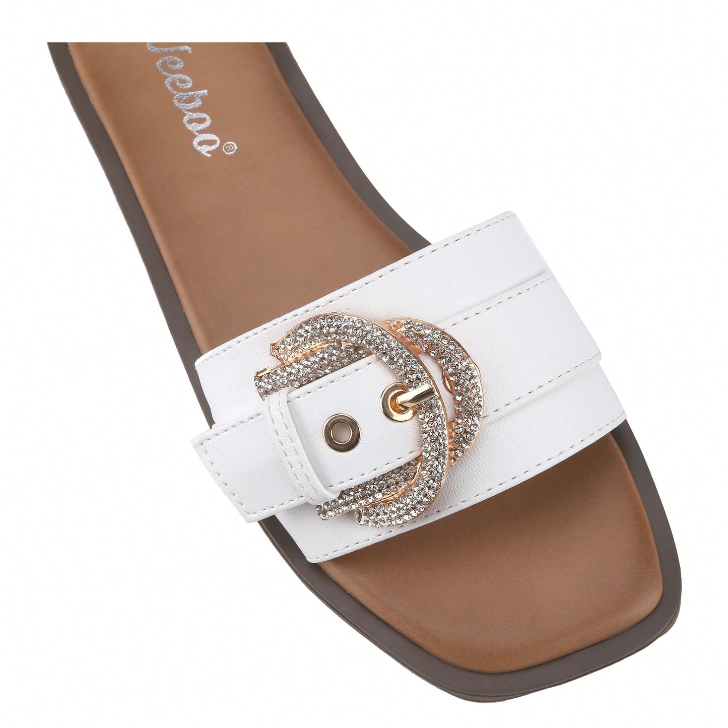 Women's Flat Sandals Fashion Square Open Toe Metal Chain Summer Dressy Sandals Slip On Casual Slides
