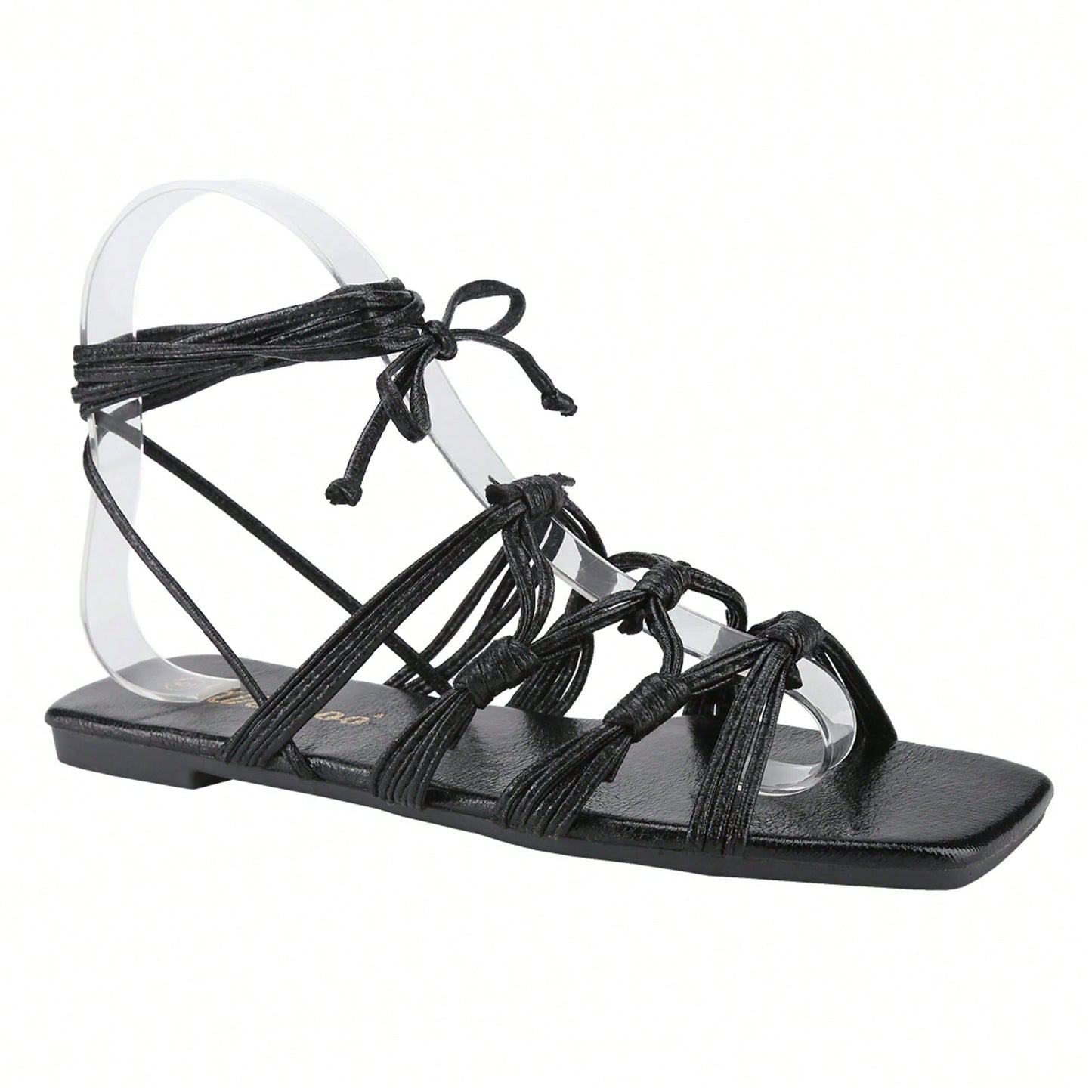 Women's Strappy Square Open Toe Slide, Ankle Strap Metallic Color Finish Flat Slipper