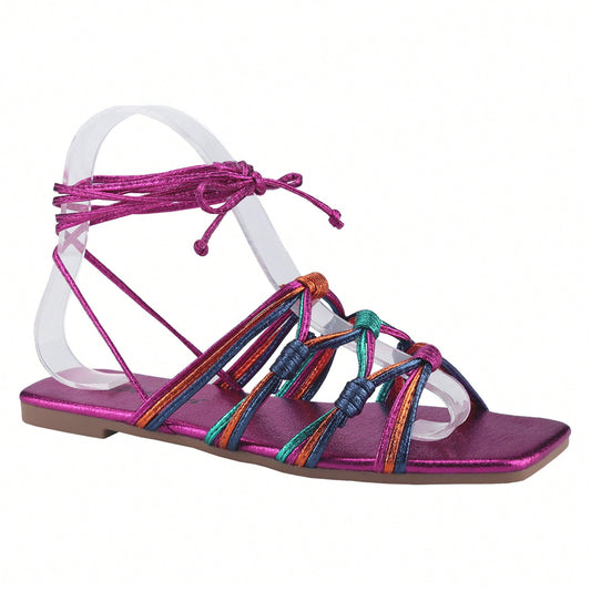 Women's Strappy Square Open Toe Slide, Ankle Strap Metallic Color Finish Flat Slipper