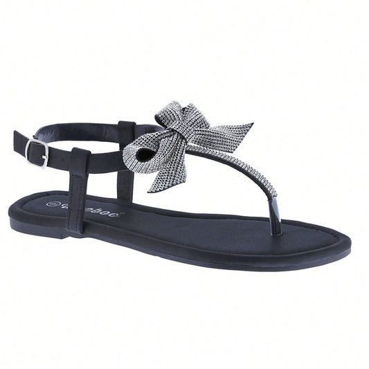 Women's Rhinestone Bowknot Sandals Flat Wedding Sandals Gem Sparkling Bridal Bridesmaid Thong