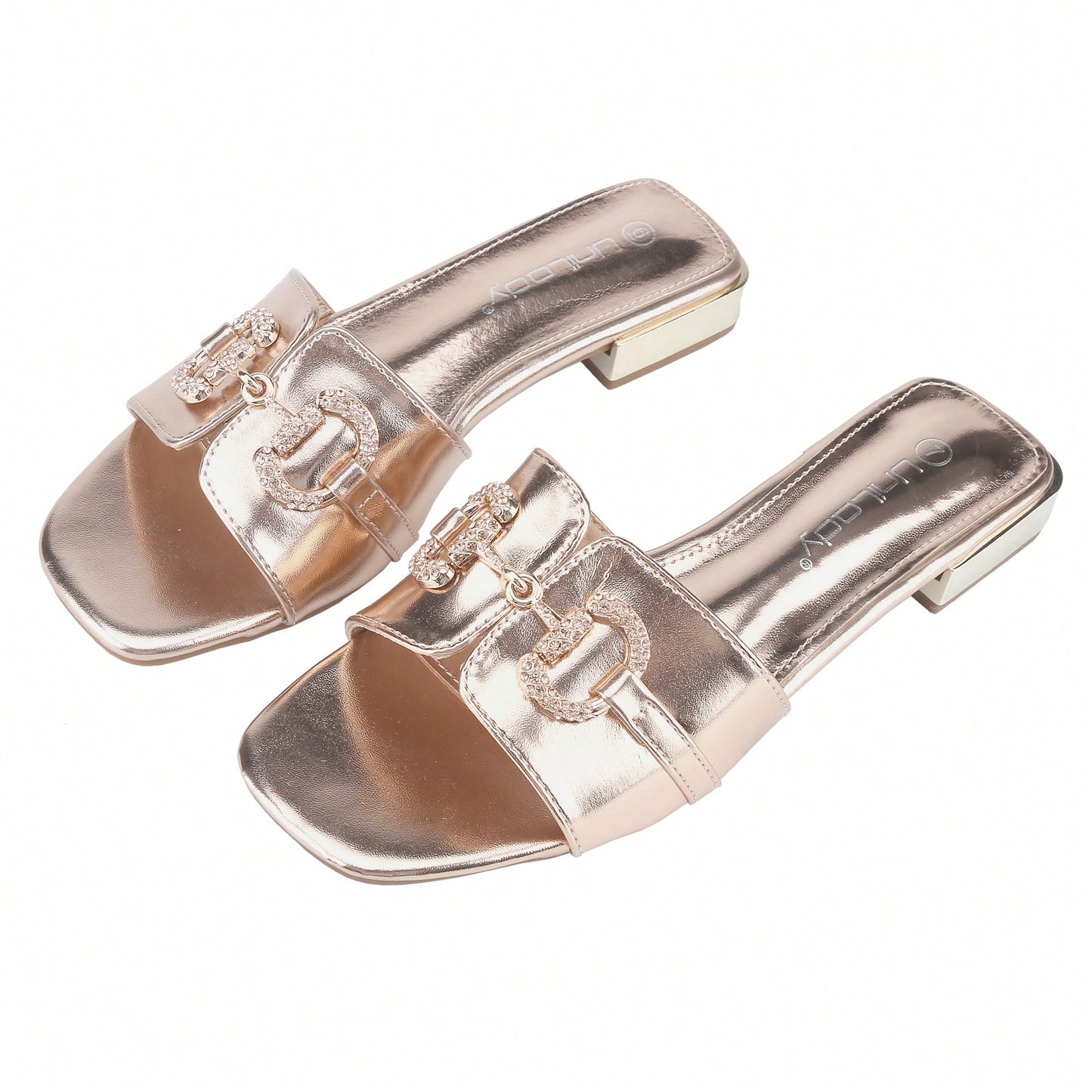 Women's Flat Buckle Square Toe Fashion Slides, Rhinestone Sandals Slippers