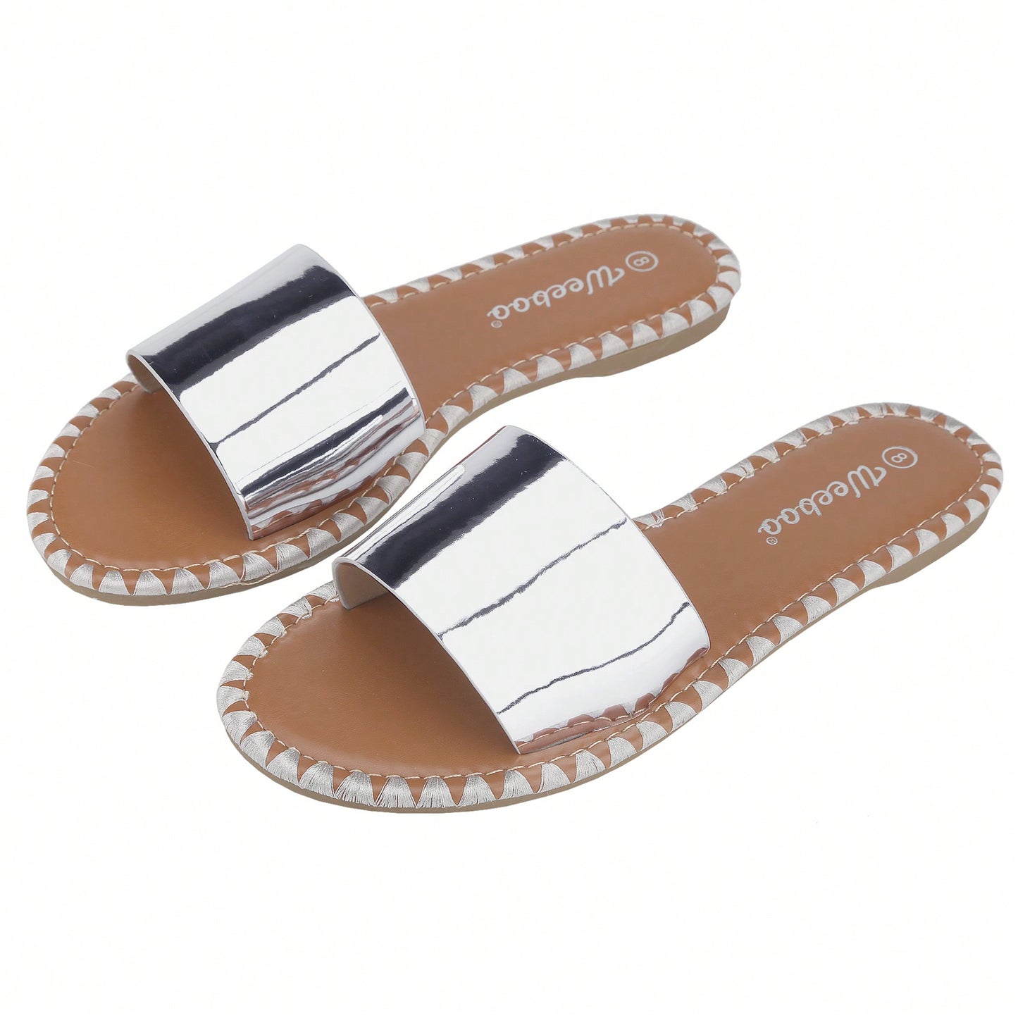 Women's Flat Sandals Fashion Round Open Toe Metal Chain Summer Dressy Sandals Slip On Casual Slides