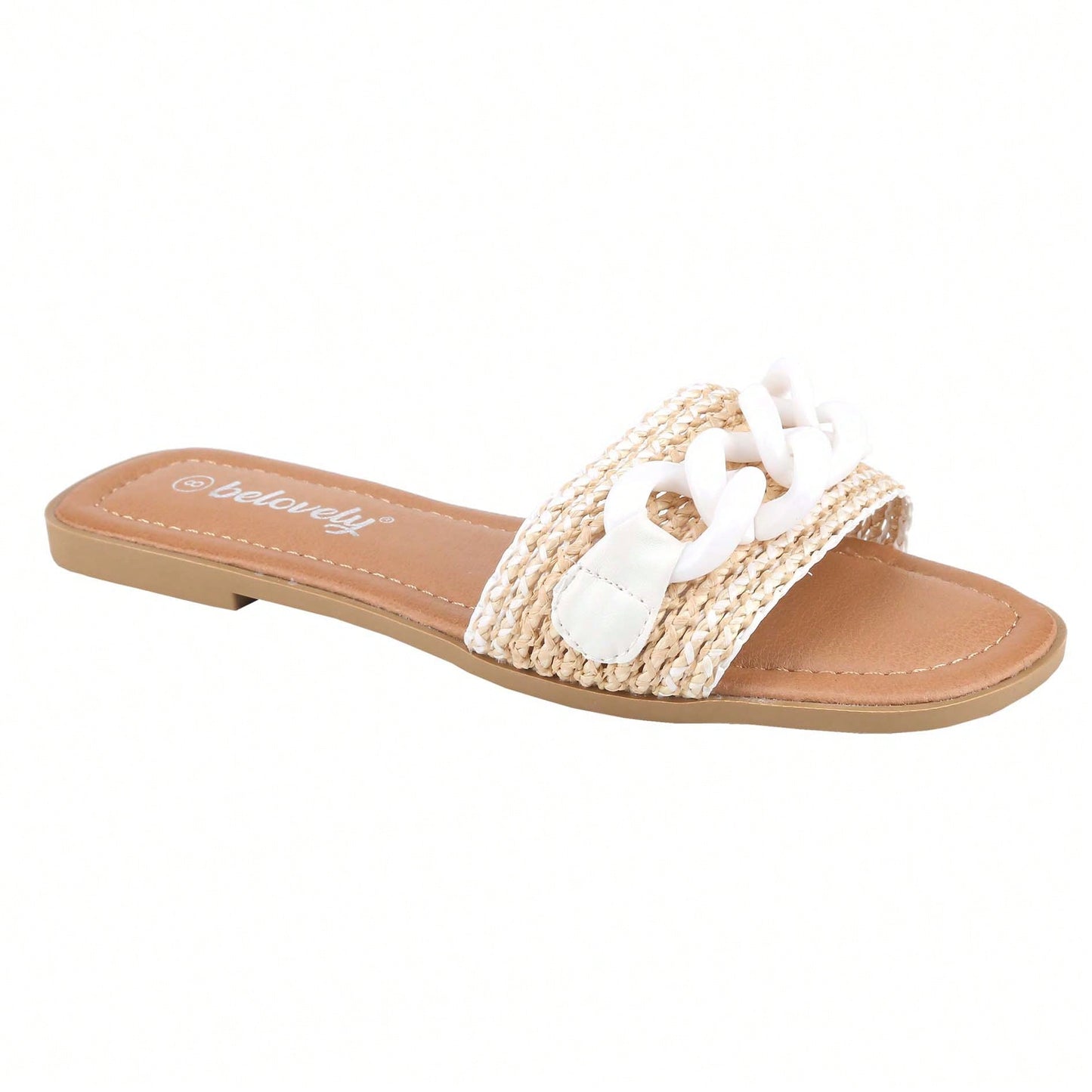 Women's Flat Flip-Flops Square Open Toe With Braid And White Decoration