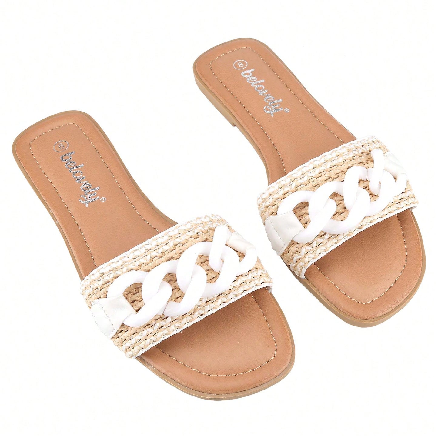 Women's Flat Flip-Flops Square Open Toe With Braid And White Decoration