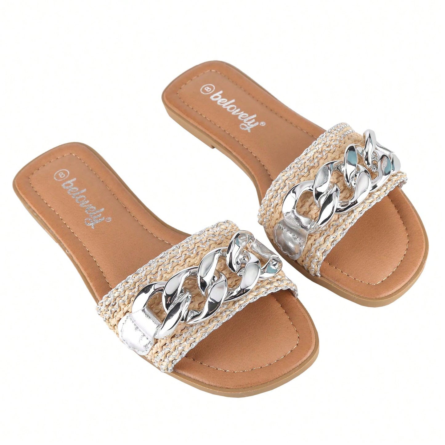 Women's Flat Flip-Flops Square Open Toe With Braid And White Decoration