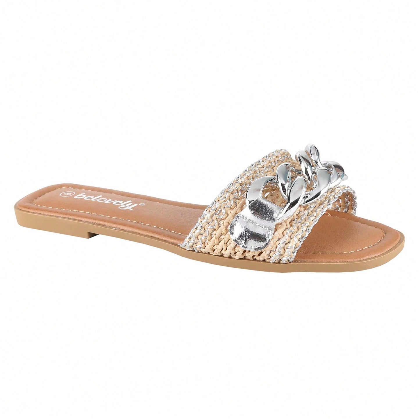 Women's Flat Flip-Flops Square Open Toe With Braid And White Decoration