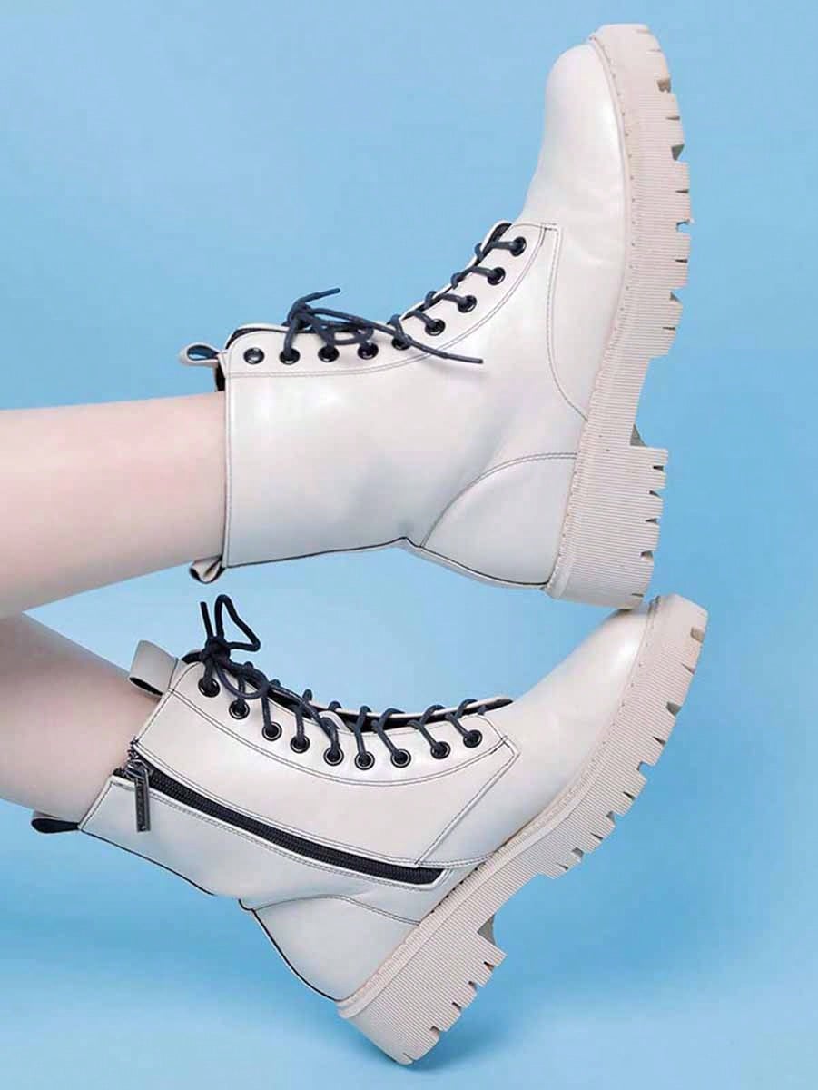 Women's Fashion Ankle Booties Causal 8-Eye Side Zipper Lace-Up Combat Boots