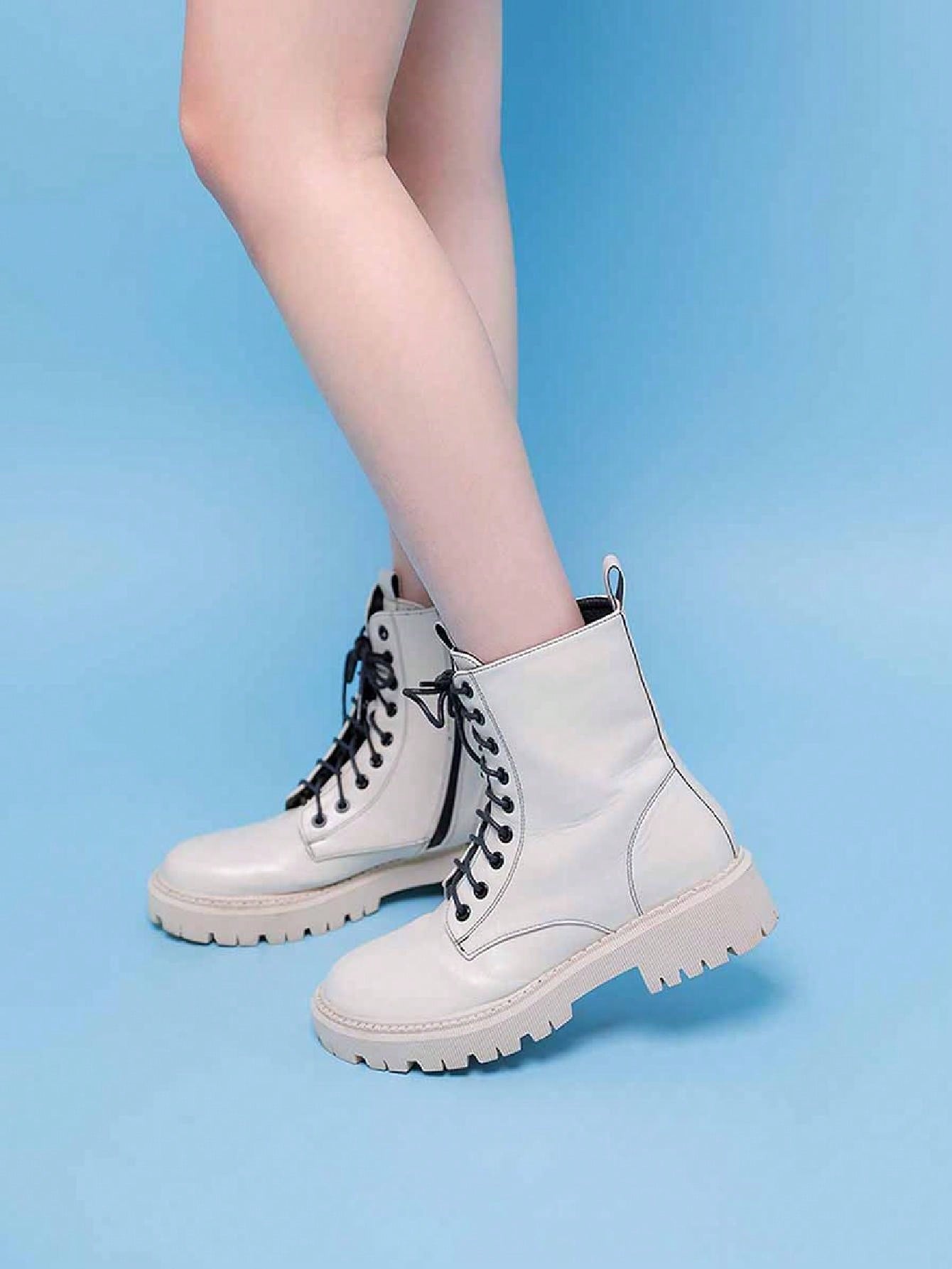 Women's Fashion Ankle Booties Causal 8-Eye Side Zipper Lace-Up Combat Boots