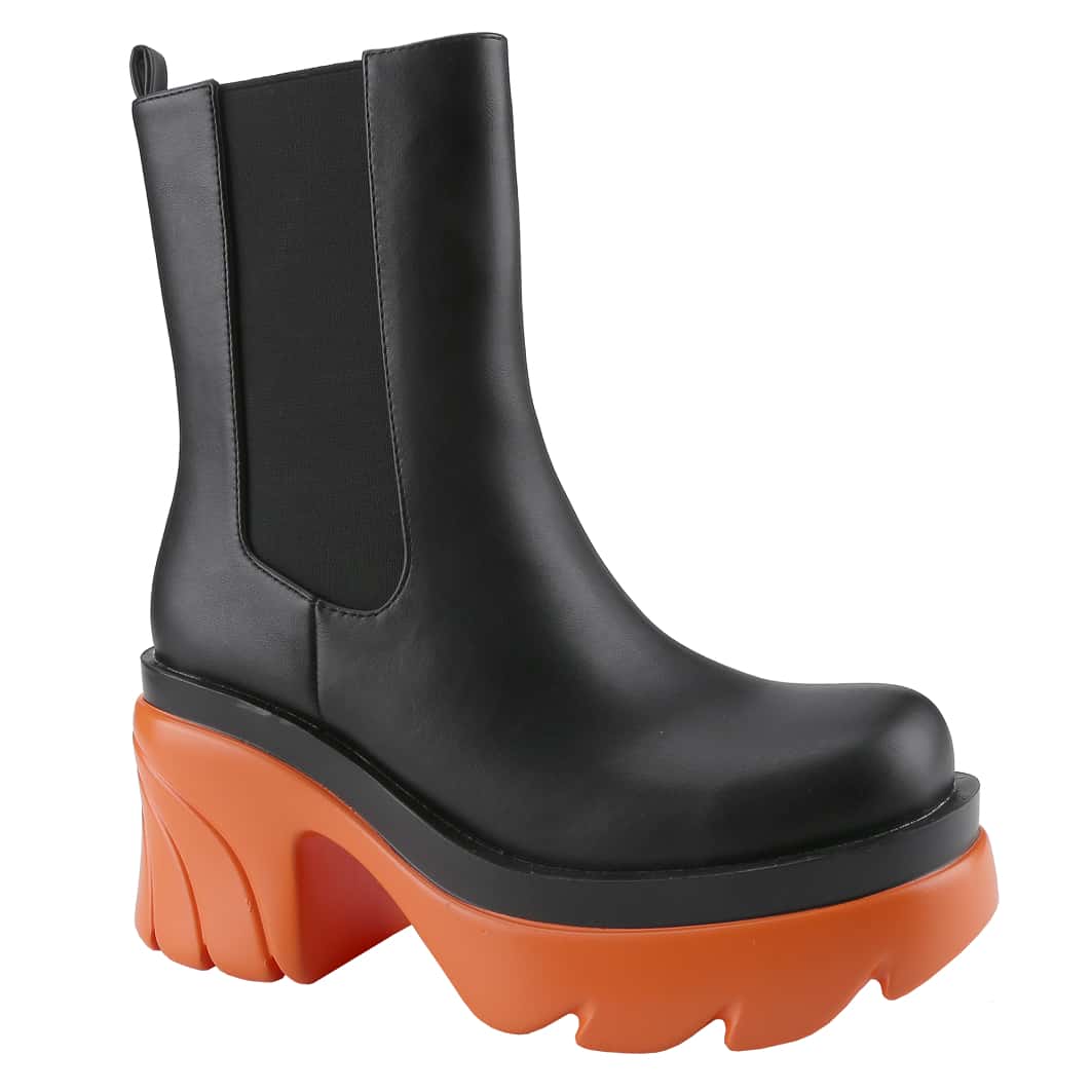 Women's Platform Color-Block Chunky Heel Boots Chelsea Elastic Bootie Slip On Square Toe Ankle Boots