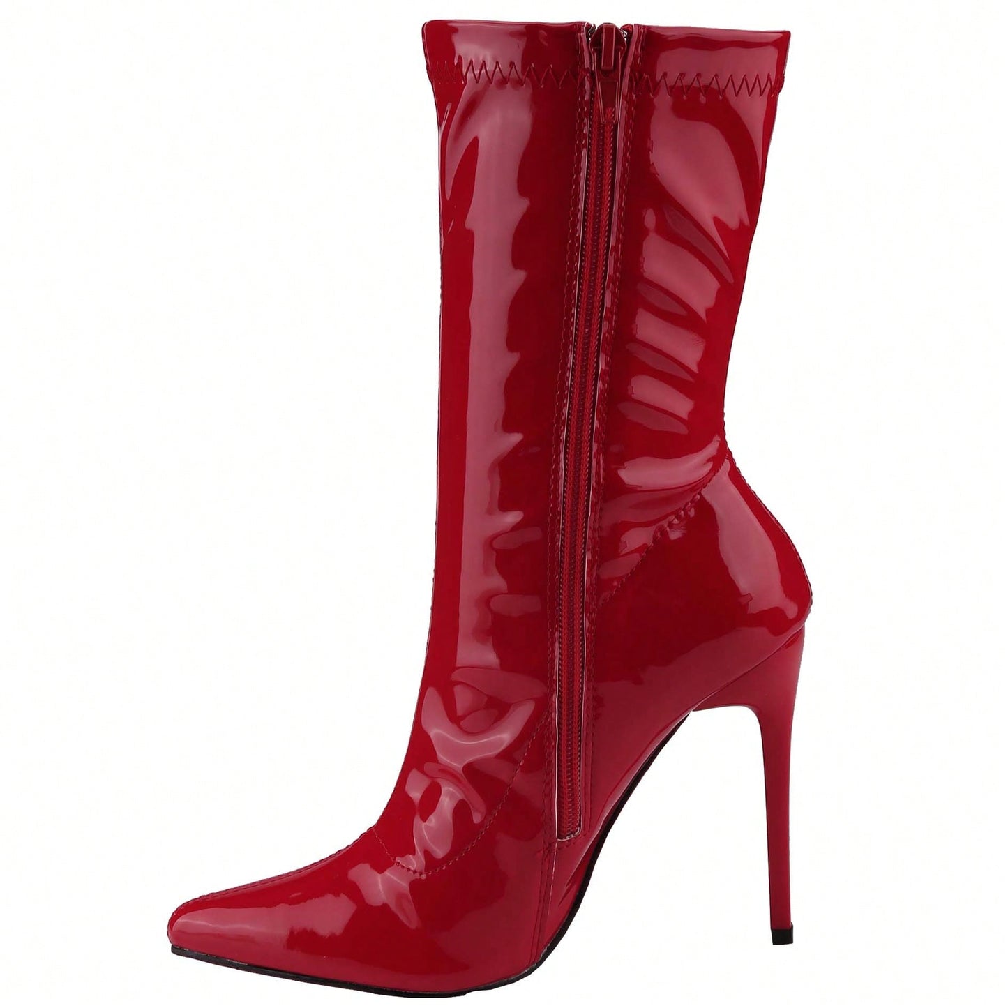 Women's Patent Leather PU Mid-Calf Boots Pointy Toe Side Zippe Fashion Comfy Sexy Kitten Heel Under The Knee Boots