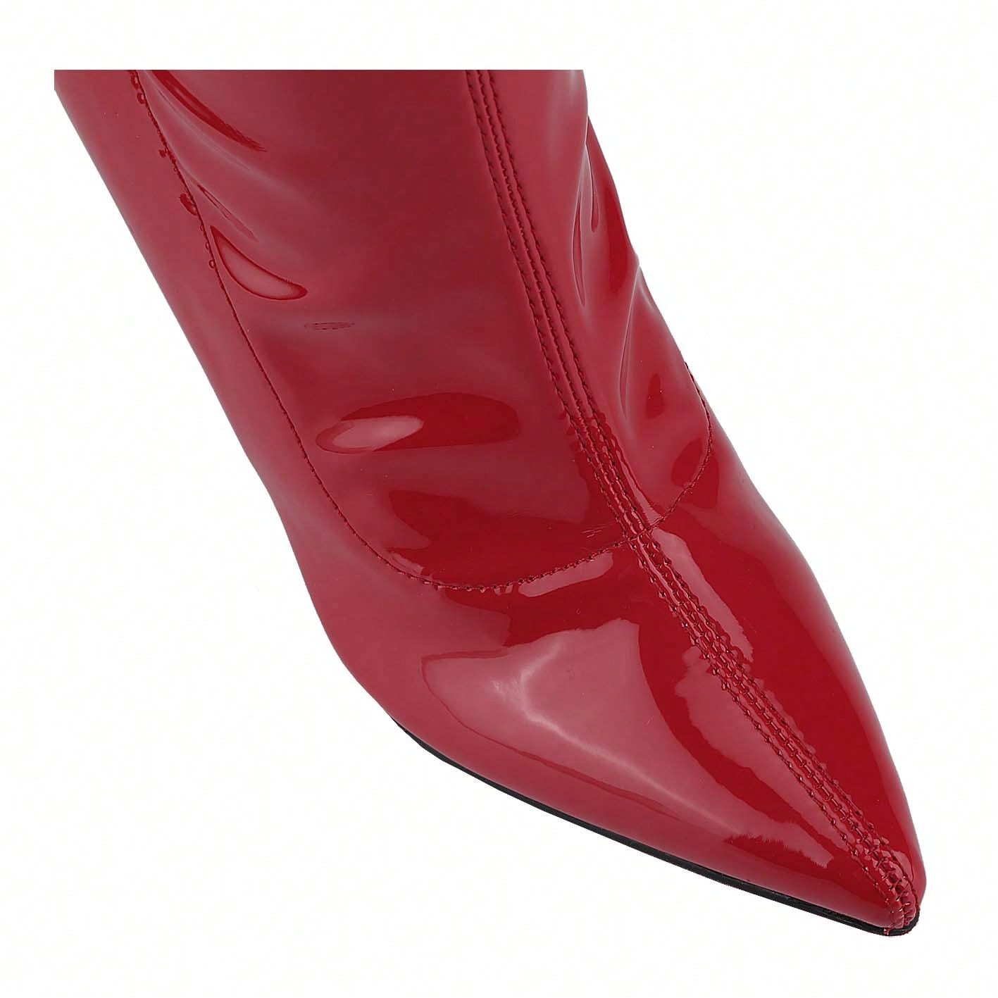 Women's Patent Leather PU Mid-Calf Boots Pointy Toe Side Zippe Fashion Comfy Sexy Kitten Heel Under The Knee Boots