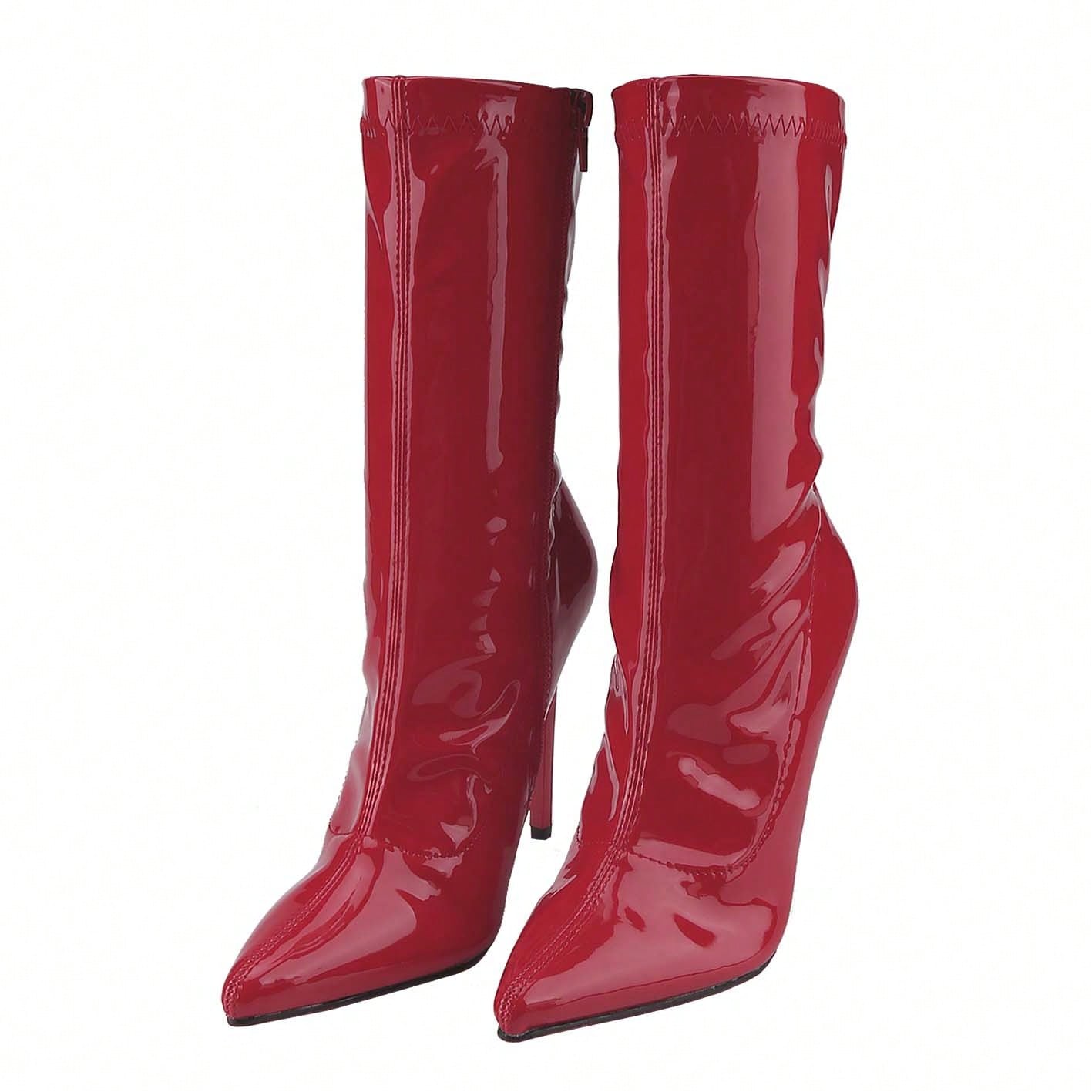Women's Patent Leather PU Mid-Calf Boots Pointy Toe Side Zippe Fashion Comfy Sexy Kitten Heel Under The Knee Boots