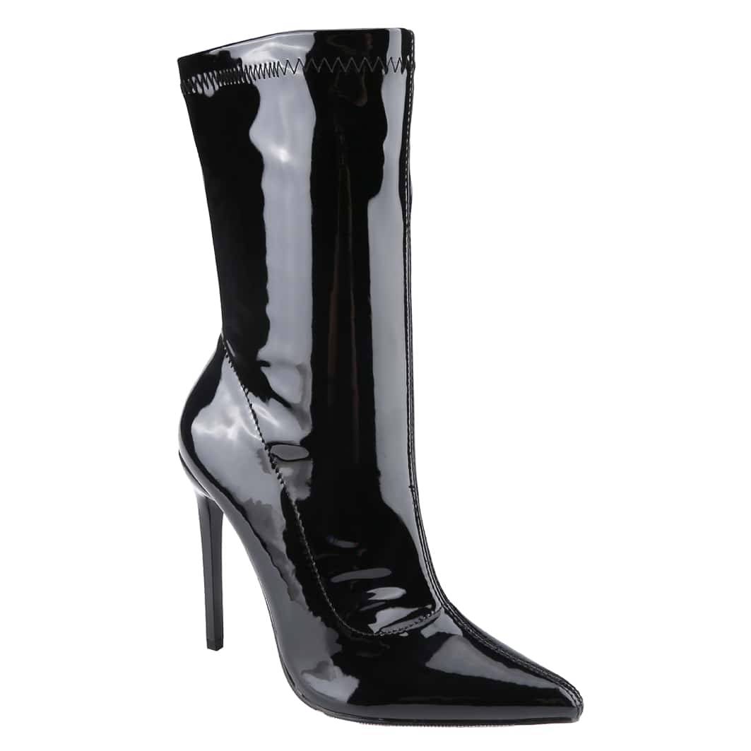 Women's Patent Leather PU Mid-Calf Boots Pointy Toe Side Zippe Fashion Comfy Sexy Kitten Heel Under The Knee Boots