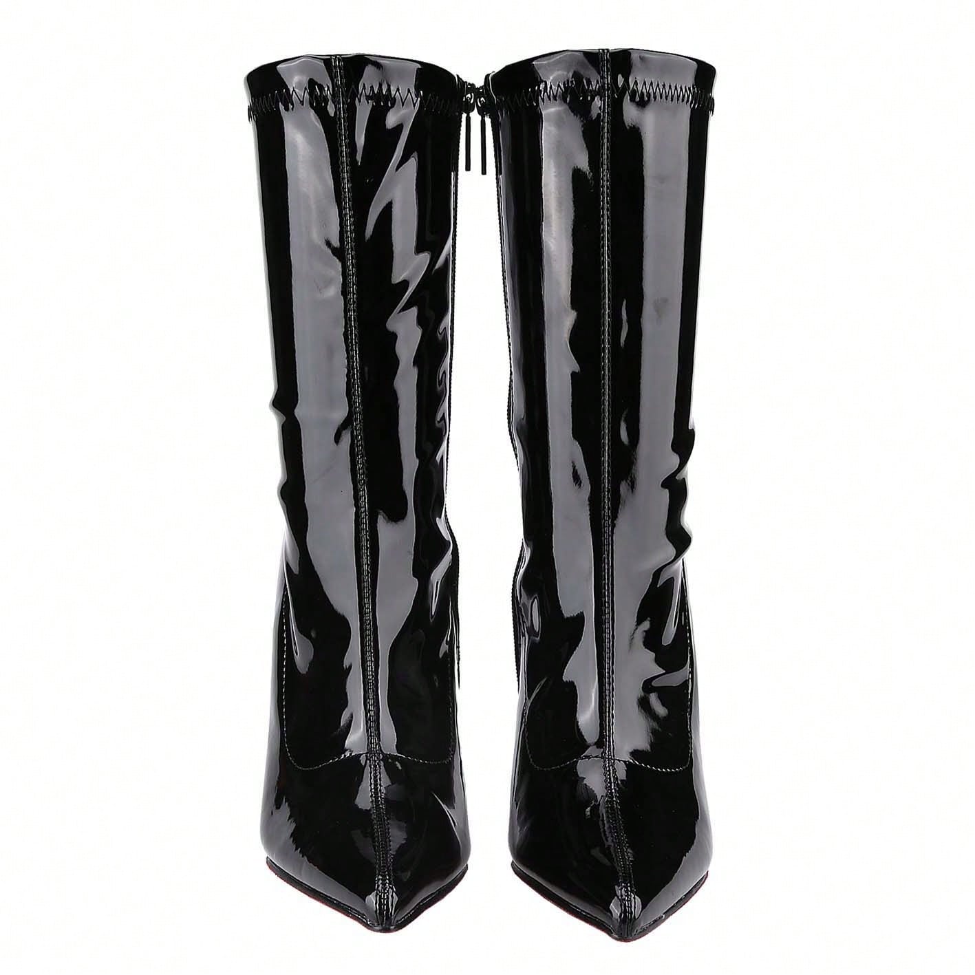 Women's Patent Leather PU Mid-Calf Boots Pointy Toe Side Zippe Fashion Comfy Sexy Kitten Heel Under The Knee Boots