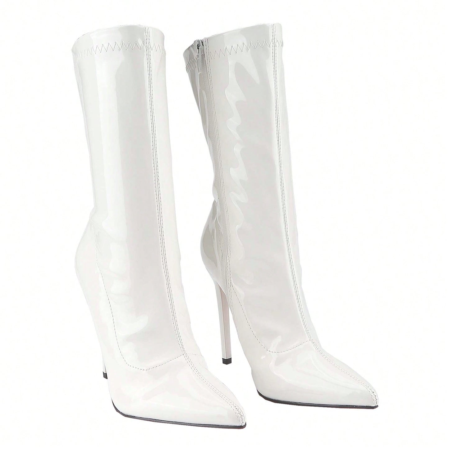 Women's Patent Leather PU Mid-Calf Boots Pointy Toe Side Zippe Fashion Comfy Sexy Kitten Heel Under The Knee Boots