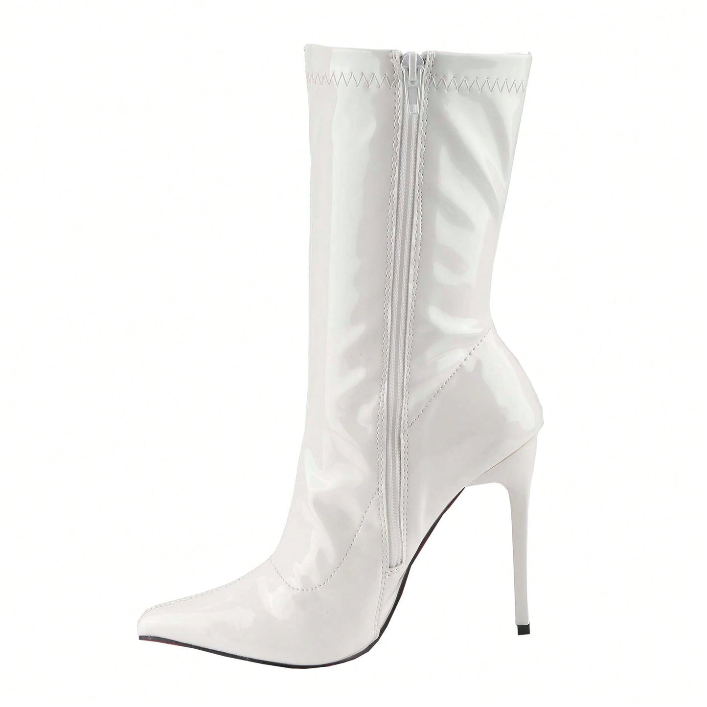 Women's Patent Leather PU Mid-Calf Boots Pointy Toe Side Zippe Fashion Comfy Sexy Kitten Heel Under The Knee Boots