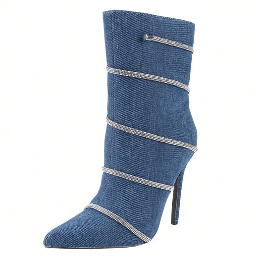 Women's Stiletto Ankle Boots Sexy Pointed Toe Crystal Straps Embellished Booties Slip-On High Heels Boots