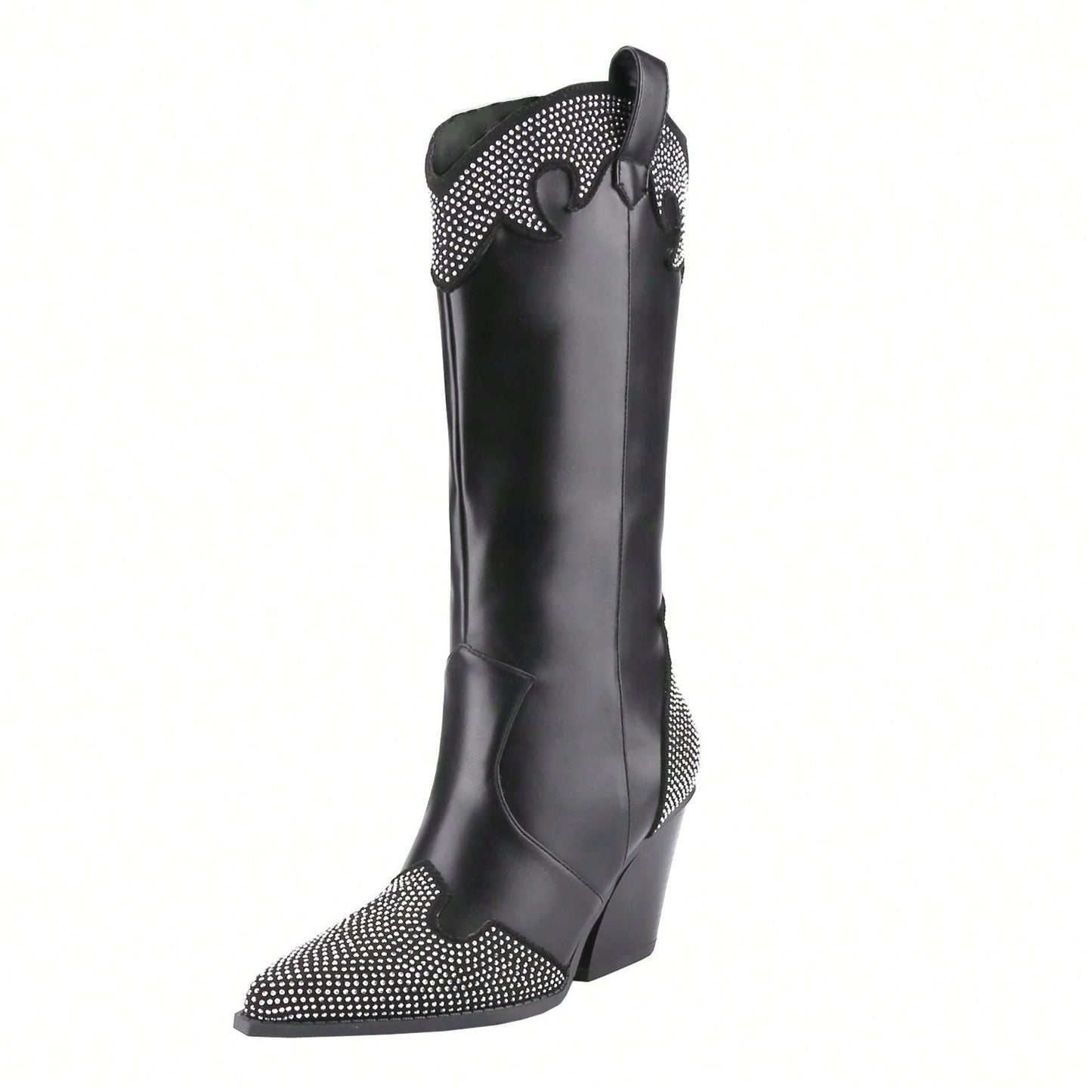 Women's Rhinestone Boots Western Pointed Toe Fashion Cowgirl Boots 5cm Chunky Stacked Heel Pull On Boots For Ladies
