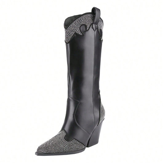 Women's Rhinestone Boots Western Pointed Toe Fashion Cowgirl Boots 5cm Chunky Stacked Heel Pull On Boots For Ladies