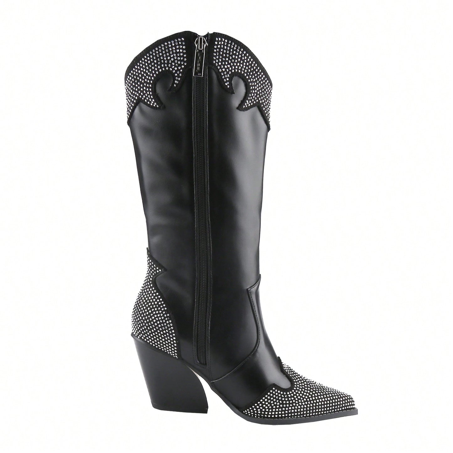 Women's Rhinestone Boots Western Pointed Toe Fashion Cowgirl Boots 5cm Chunky Stacked Heel Pull On Boots For Ladies