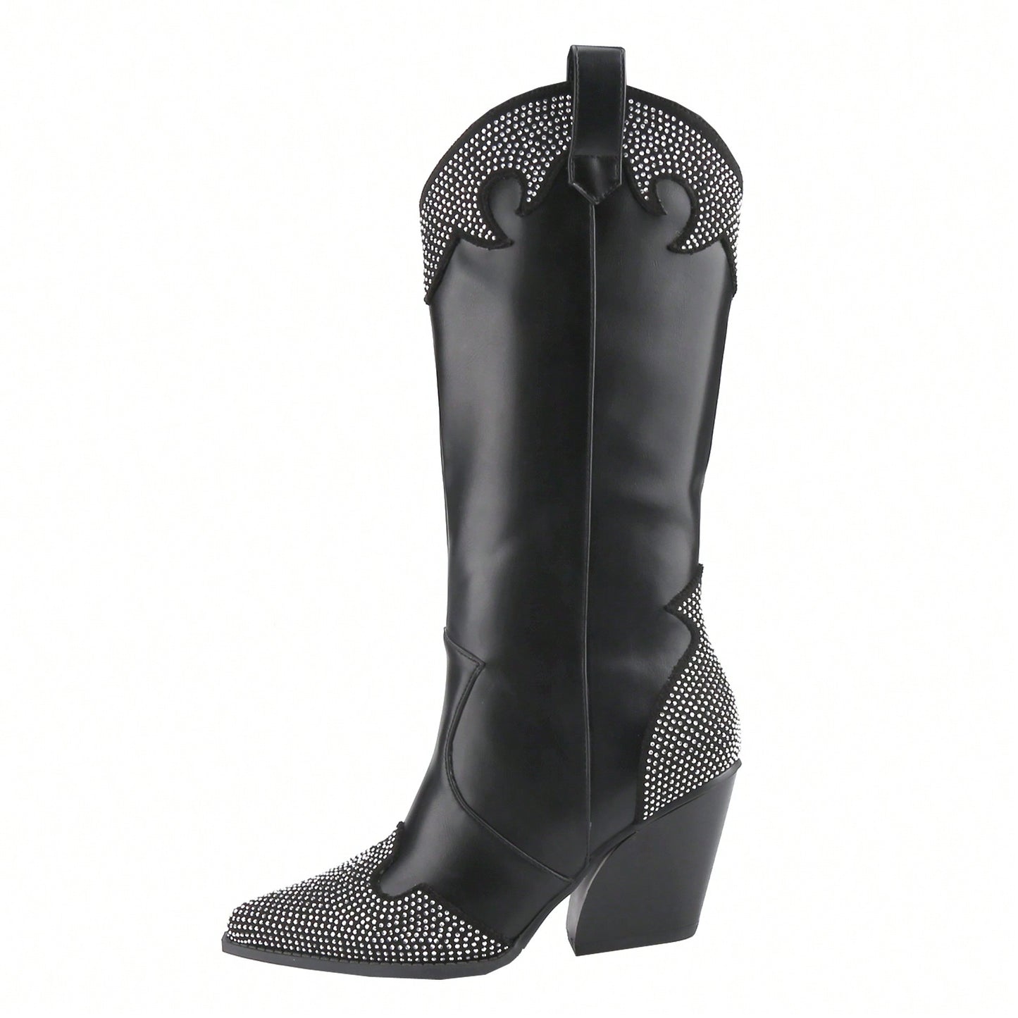 Women's Rhinestone Boots Western Pointed Toe Fashion Cowgirl Boots 5cm Chunky Stacked Heel Pull On Boots For Ladies