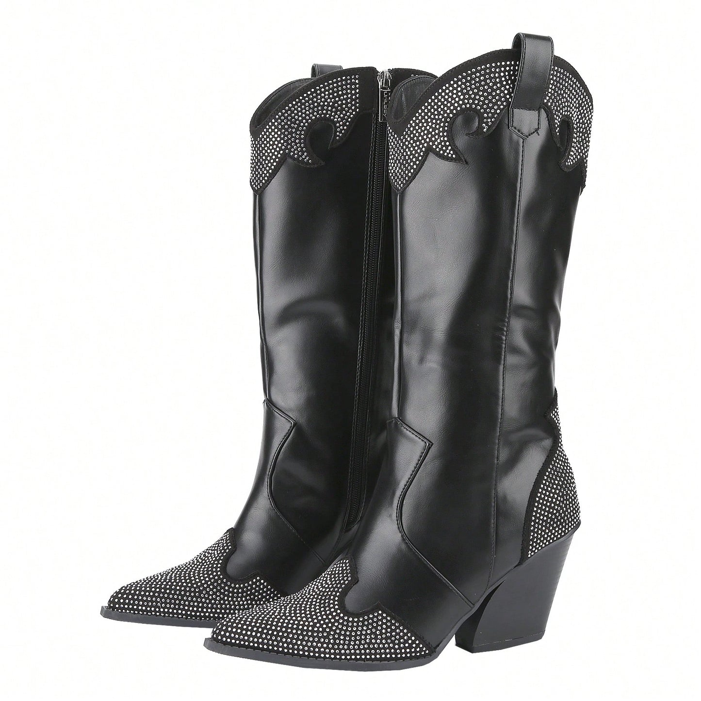 Women's Rhinestone Boots Western Pointed Toe Fashion Cowgirl Boots 5cm Chunky Stacked Heel Pull On Boots For Ladies