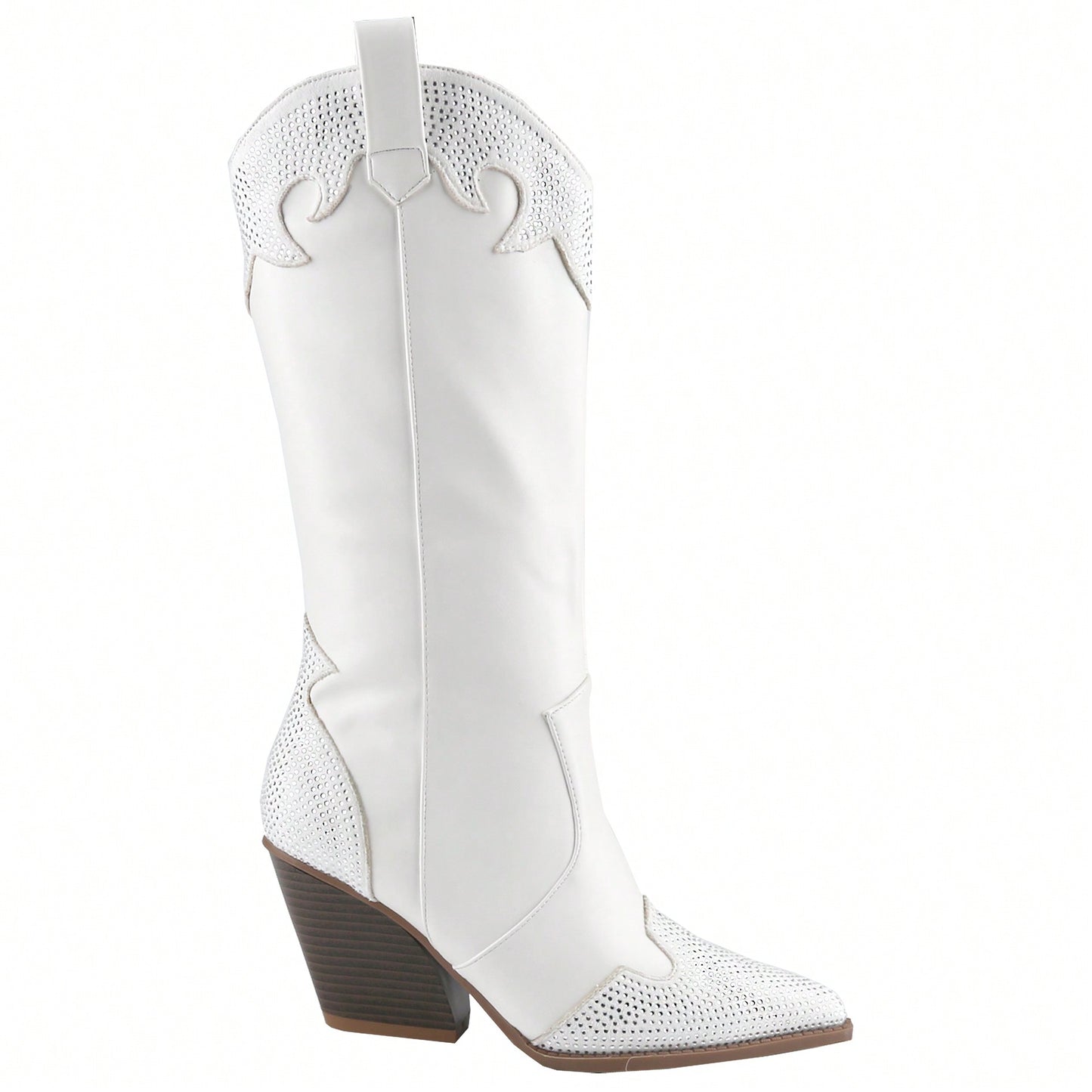 Women's Rhinestone Boots Western Pointed Toe Fashion Cowgirl Boots 5cm Chunky Stacked Heel Pull On Boots For Ladies