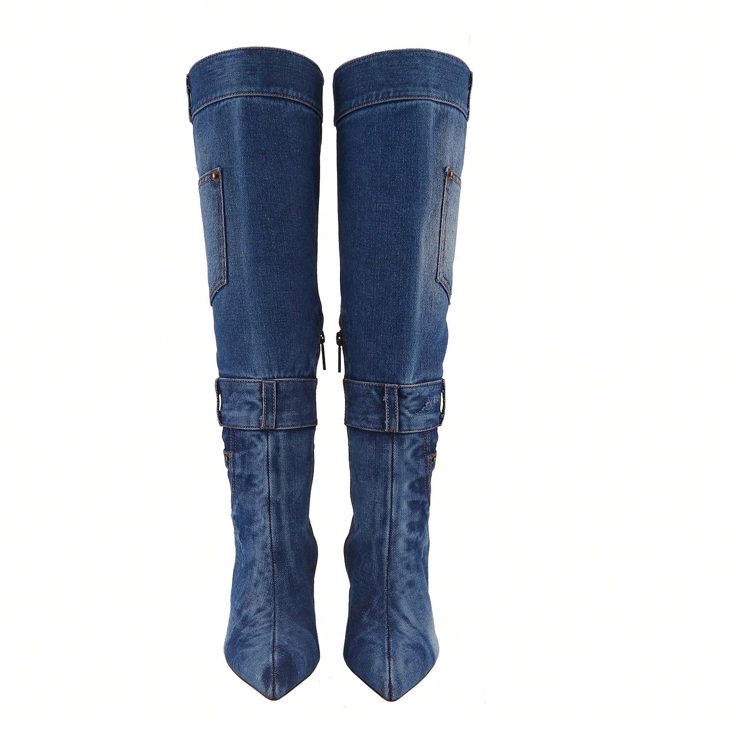 Women's Denim Thigh High Stiletto Heel Boots Pointy Toe Knee High Boot