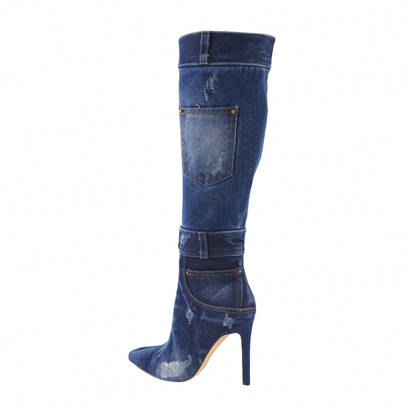 Women's Denim Thigh High Stiletto Heel Boots Pointy Toe Knee High Boot