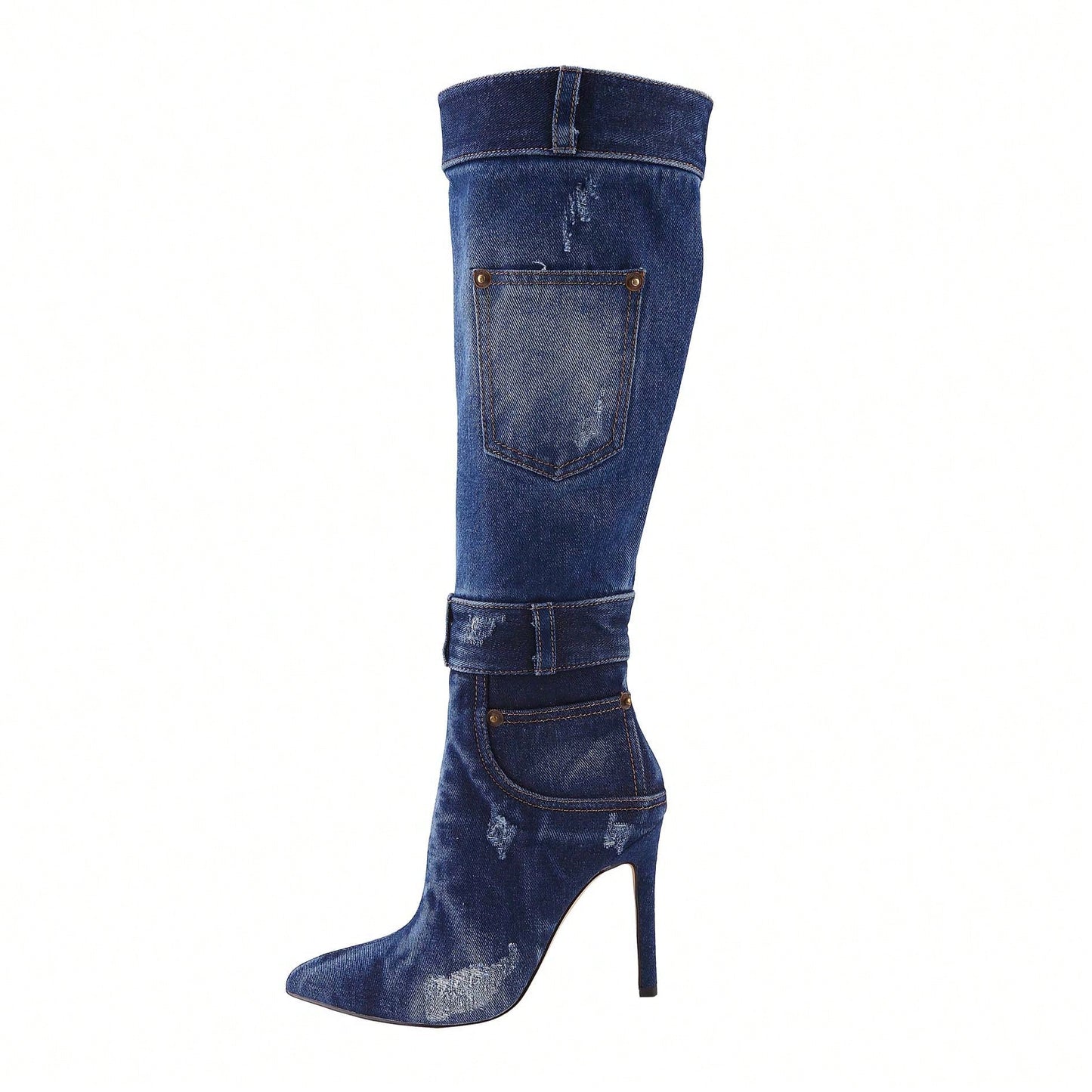 Women's Denim Thigh High Stiletto Heel Boots Pointy Toe Knee High Boot