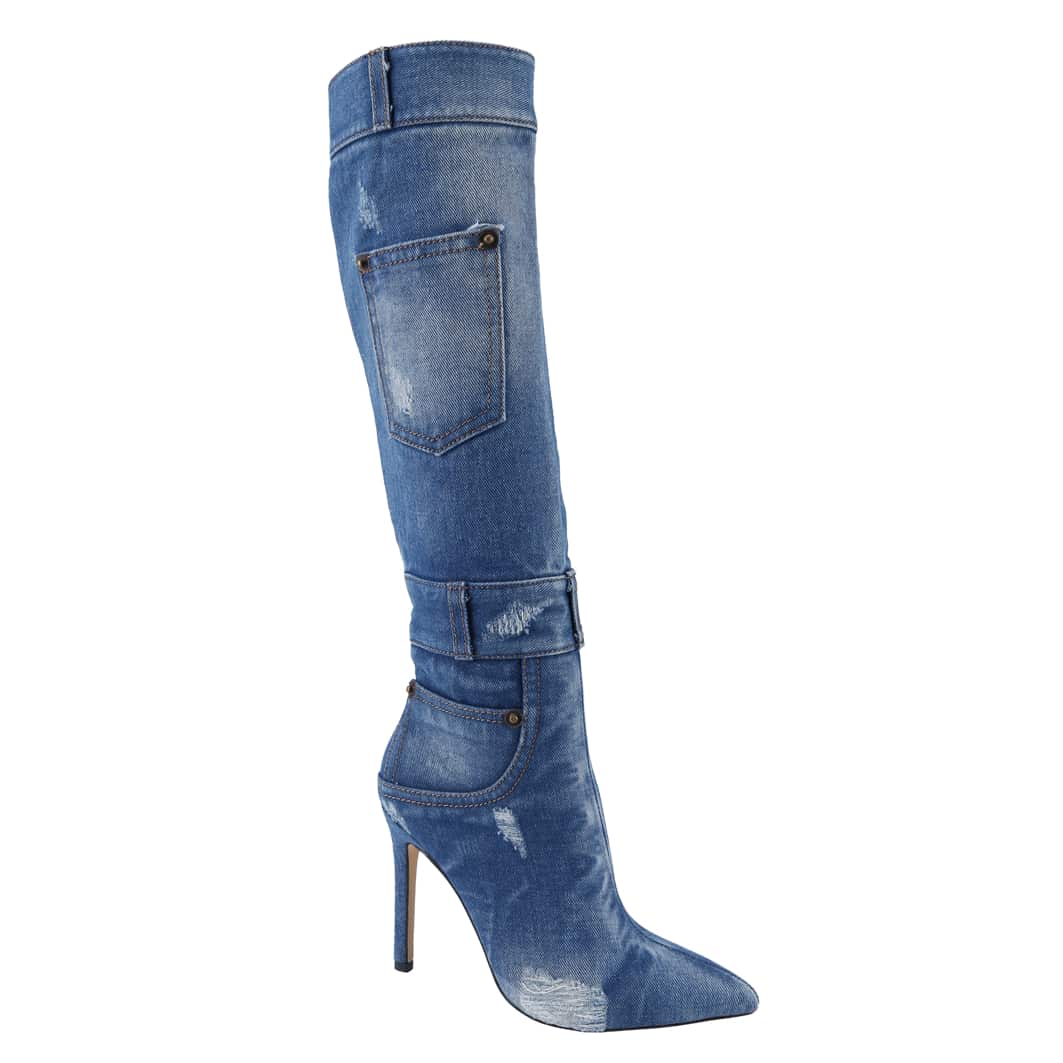 Women's Denim Thigh High Stiletto Heel Boots Pointy Toe Knee High Boot
