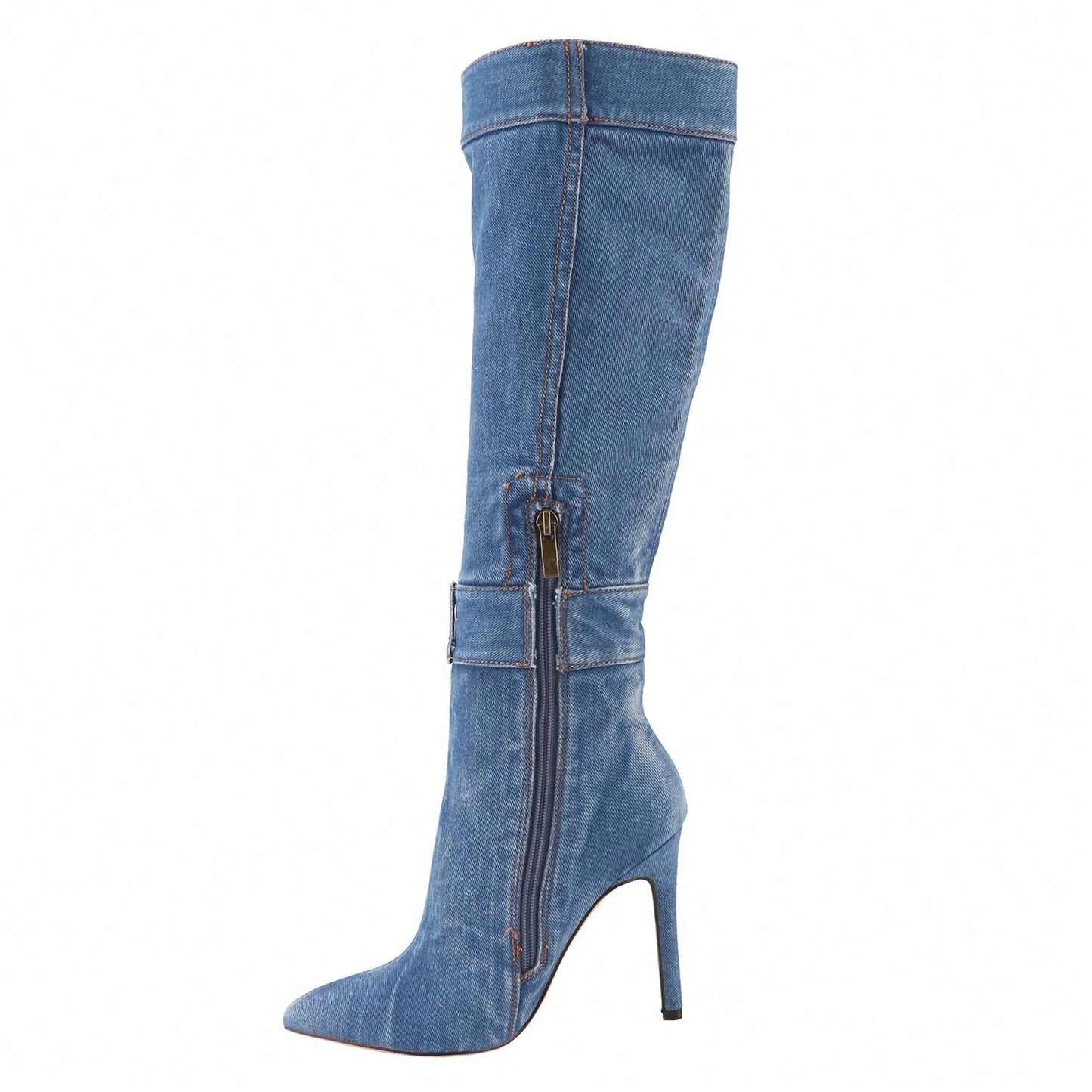 Women's Denim Thigh High Stiletto Heel Boots Pointy Toe Knee High Boot