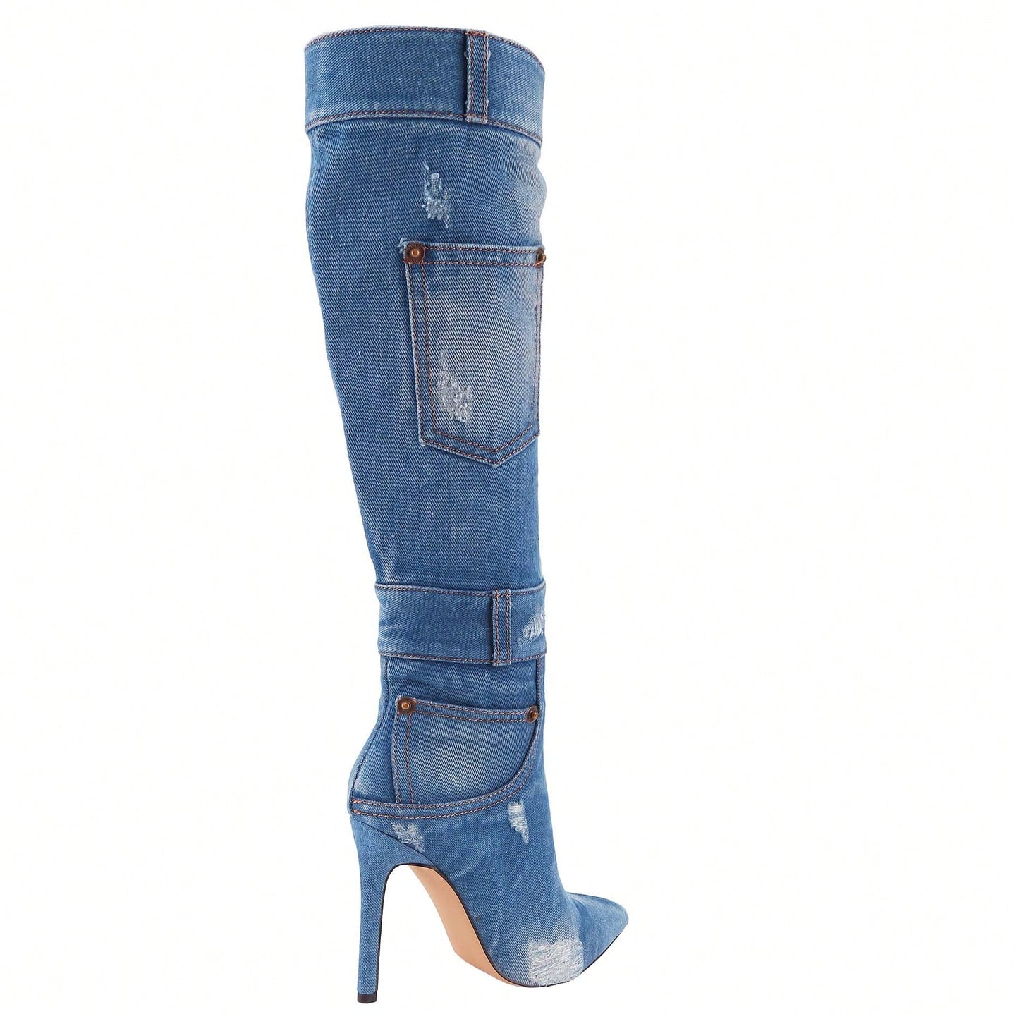 Women's Denim Thigh High Stiletto Heel Boots Pointy Toe Knee High Boot