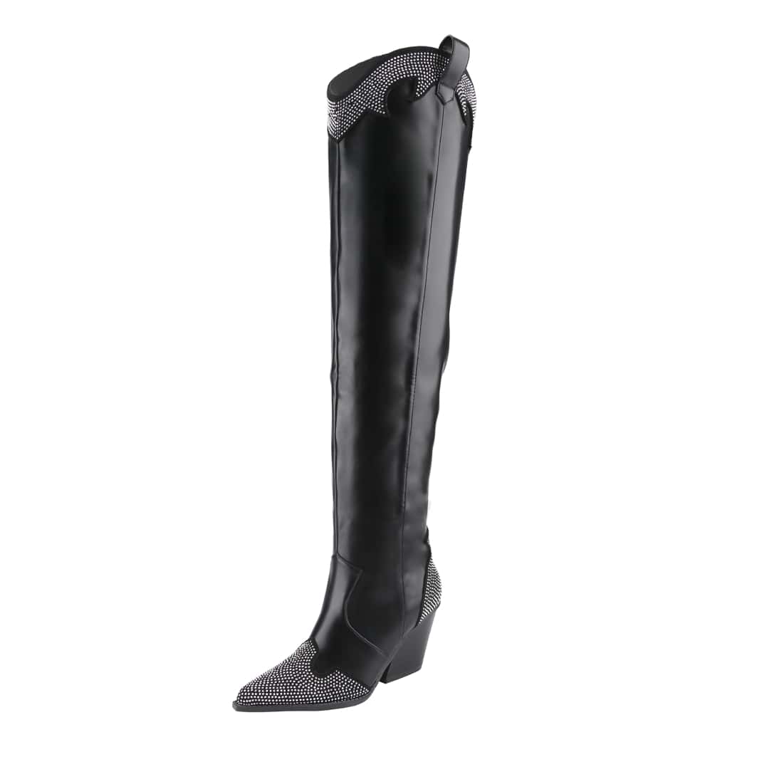 Women's Rhinestone Cowboy Boots Western Cowgirl Boots Chunky Heel Pointed Toe Pull-On Over The Knee High Boots